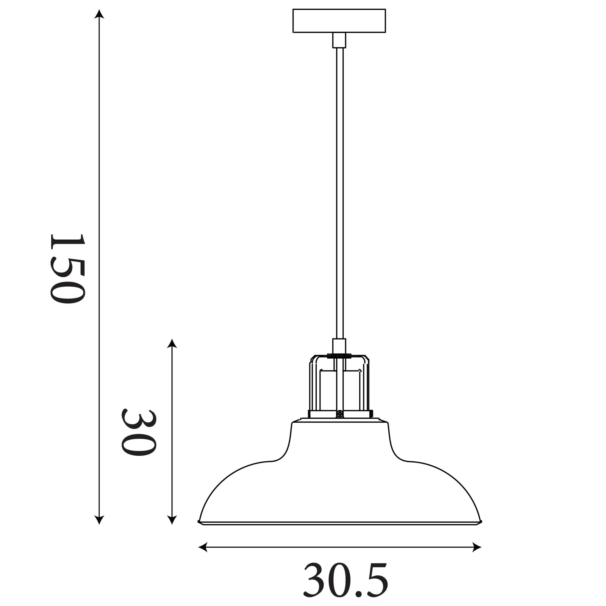 Line drawing of the Glossop pendant showing a 30.5cm shade width, 30cm shade height and 150cm maximum drop