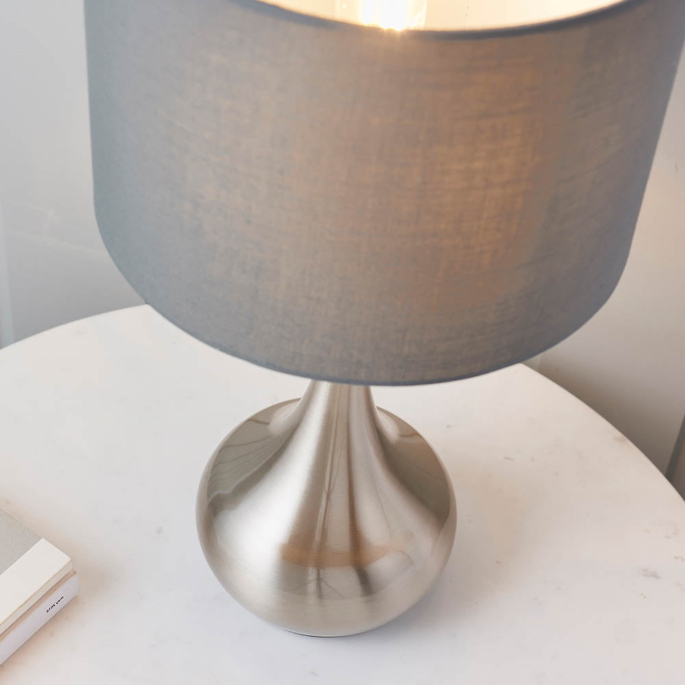 Endon Piccadilly Single Light Table Lamp - Satin Nickel Plate & Grey & Silver Fabric