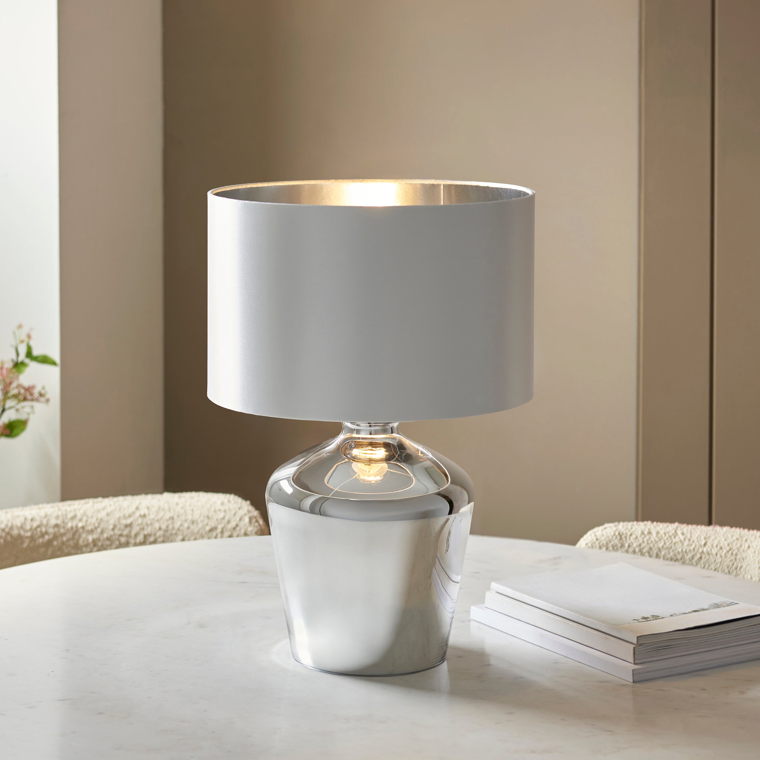 Endon Waldorf Single Light Table Lamp - Chrome Glass & Ivory Fabric