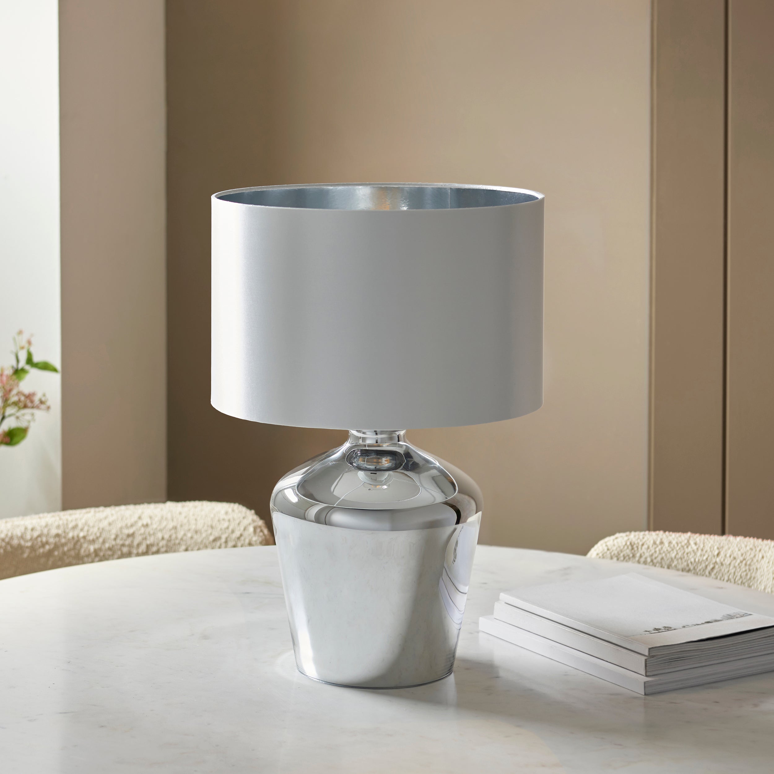 Endon Waldorf Single Light Table Lamp - Chrome Glass & Ivory Fabric
