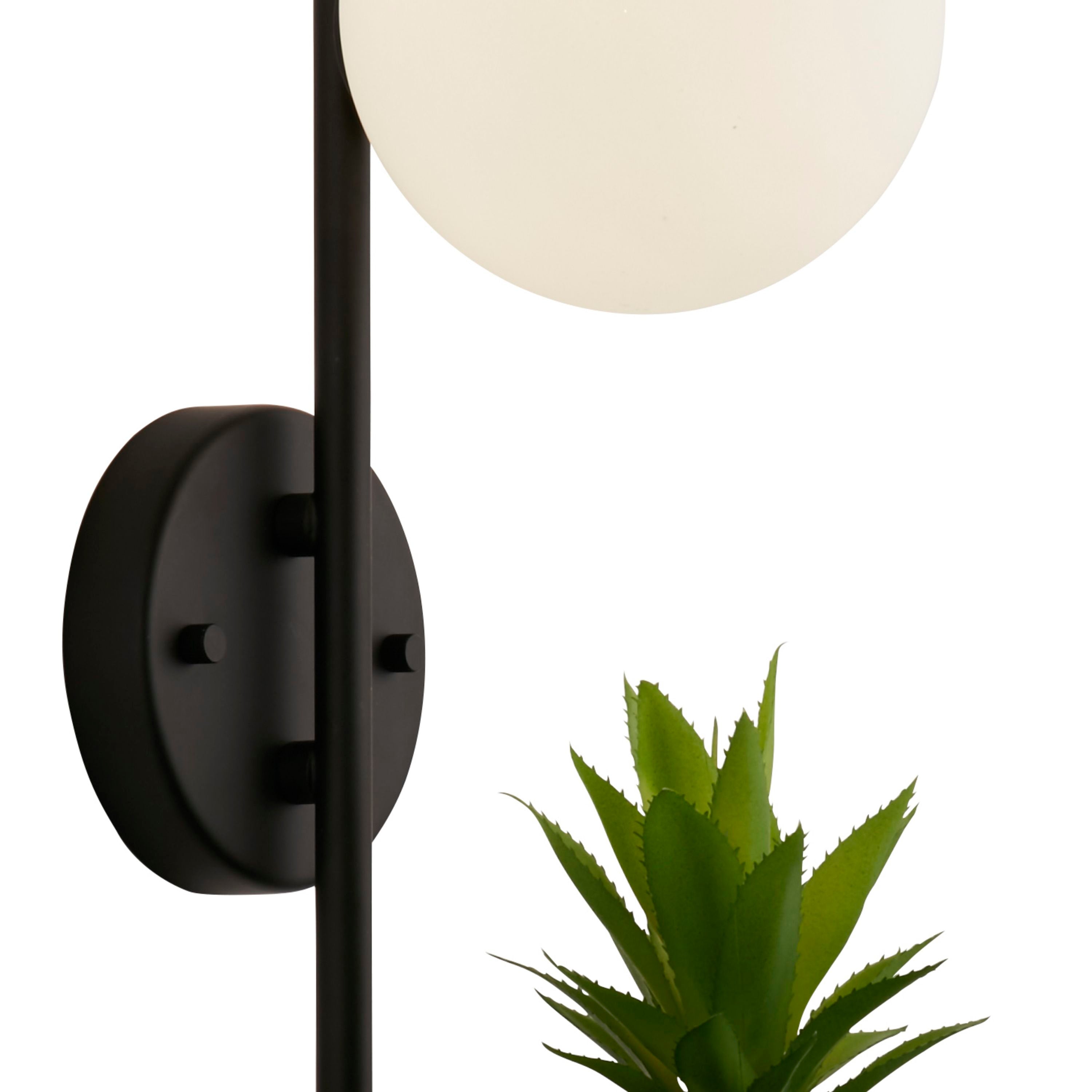 Close up of the black wall plate, stem and planter cup on the Lunar wall light with a small succulent