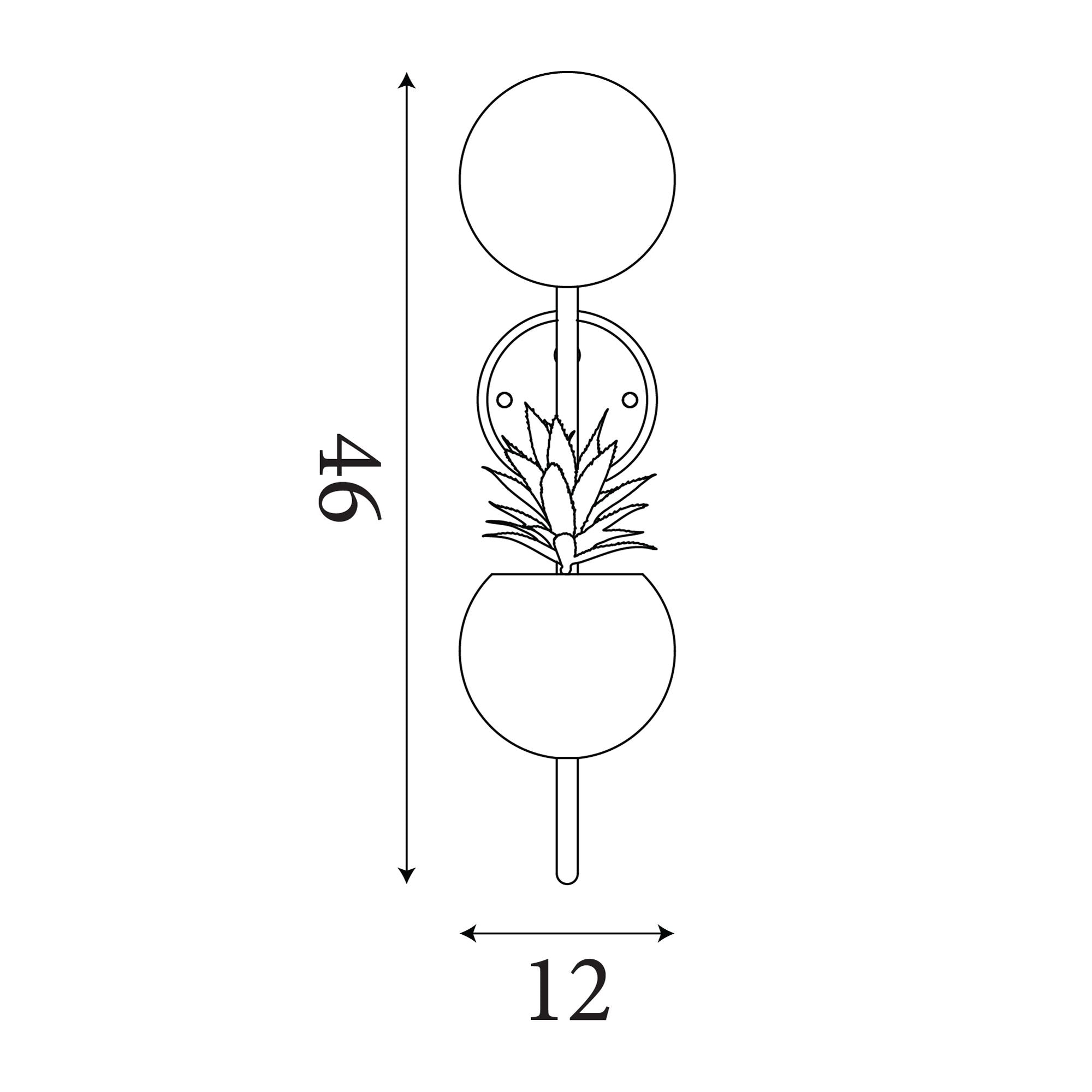 Technical drawing of the Searchlight x Lunar Wall Light showing dimensions of 46cm height and 12cm width
