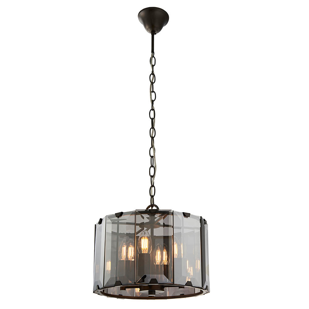 Endon Clooney 4 Light Pendant - Matt Grey & Silver & Smoked Bevelled Glass