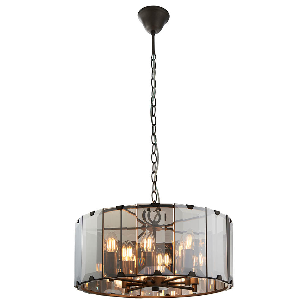 Endon Clooney 8 Light Pendant - Matt Grey & Silver & Smoked Bevelled Glass