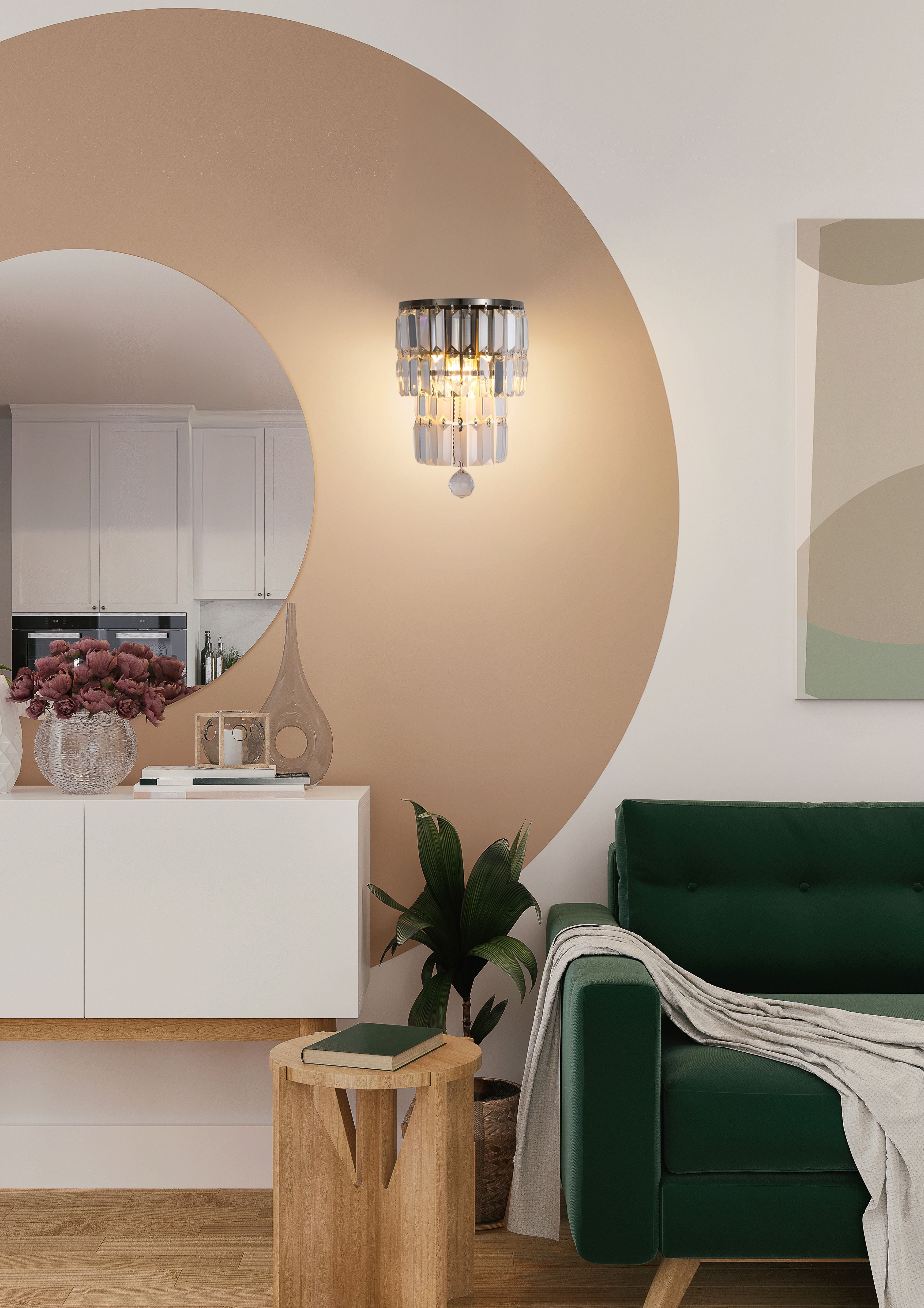 Empire 2 Light Wall Light installed above a console table in a styled living room with a green sofa