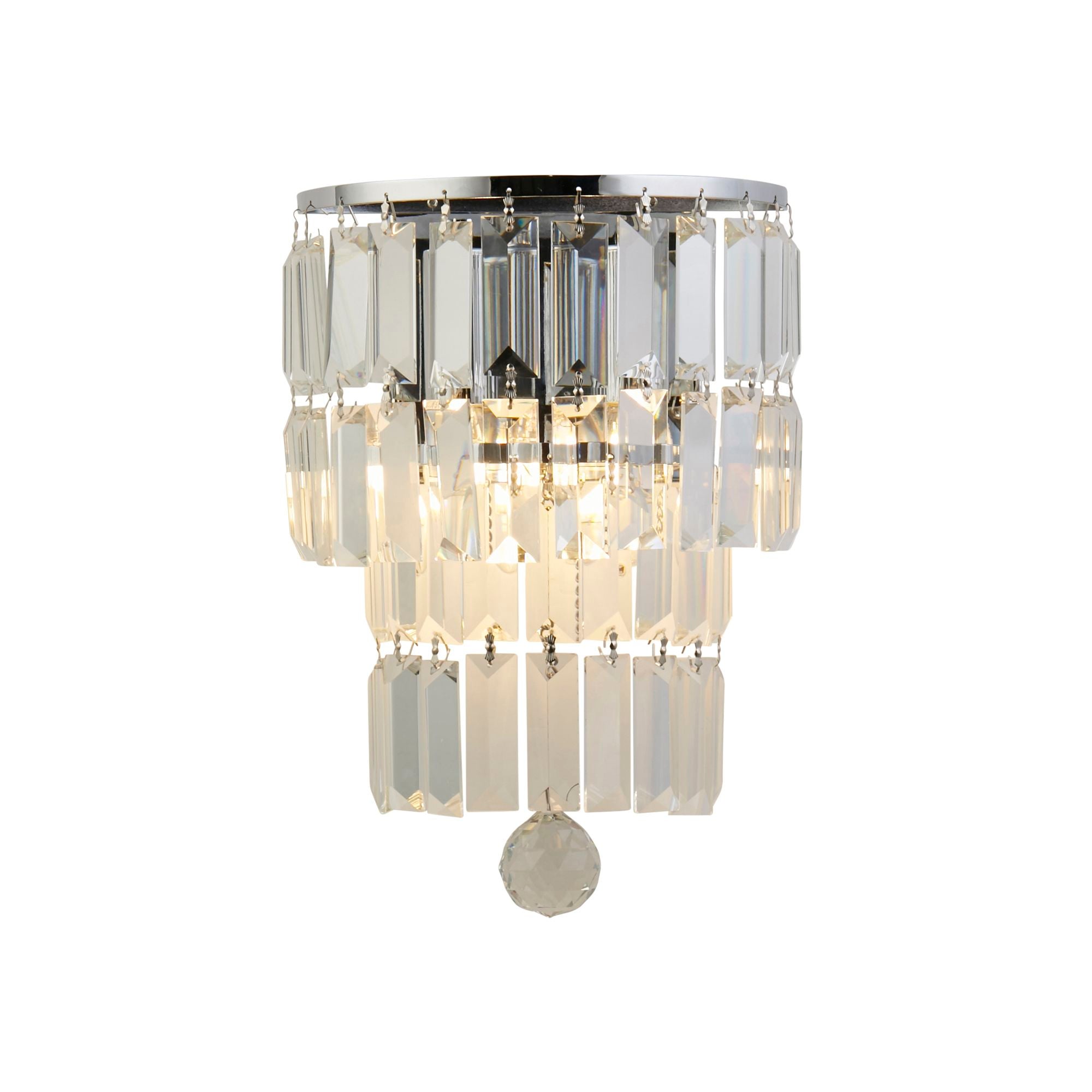 Searchlight Empire 2 light wall light in chrome and clear crystal, front view showing three tiers of crystal prisms and a faceted ball drop