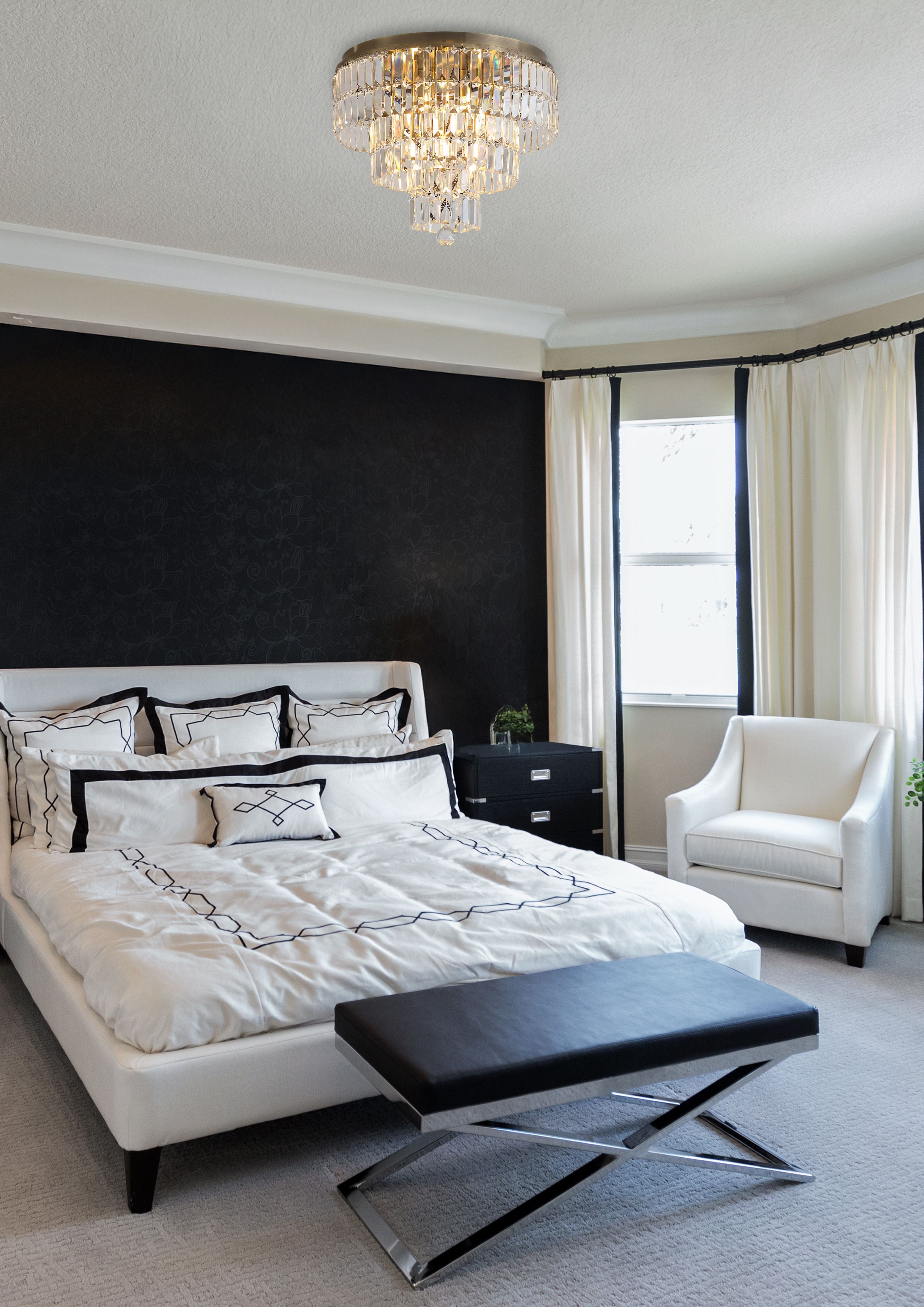 Empire 6 Light Flush lit on the ceiling in a black and white styled bedroom