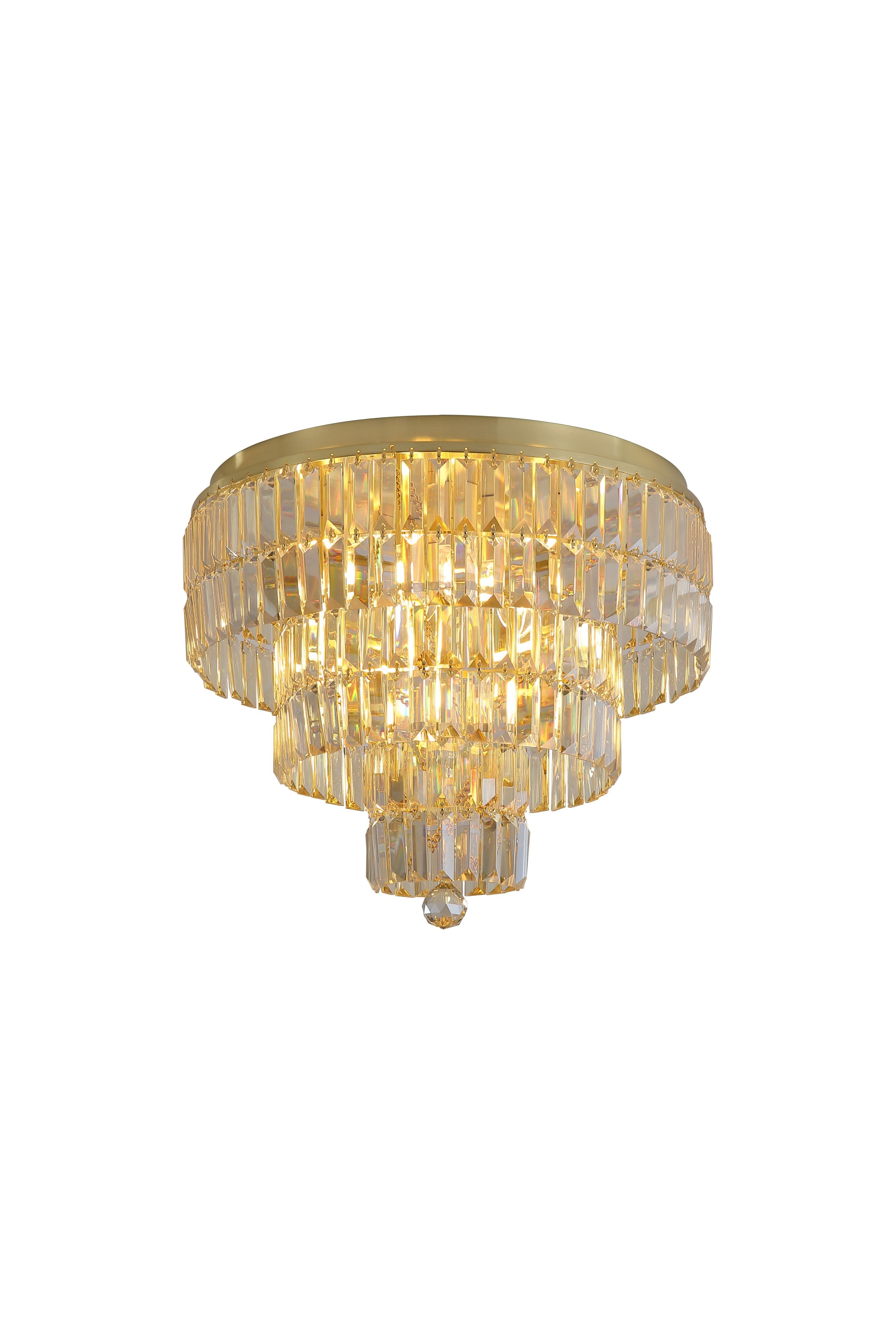 Searchlight Empire 6 light flush ceiling light in satin brass and champagne glass, front view showing cascading tiers of crystal and a faceted drop at the centre