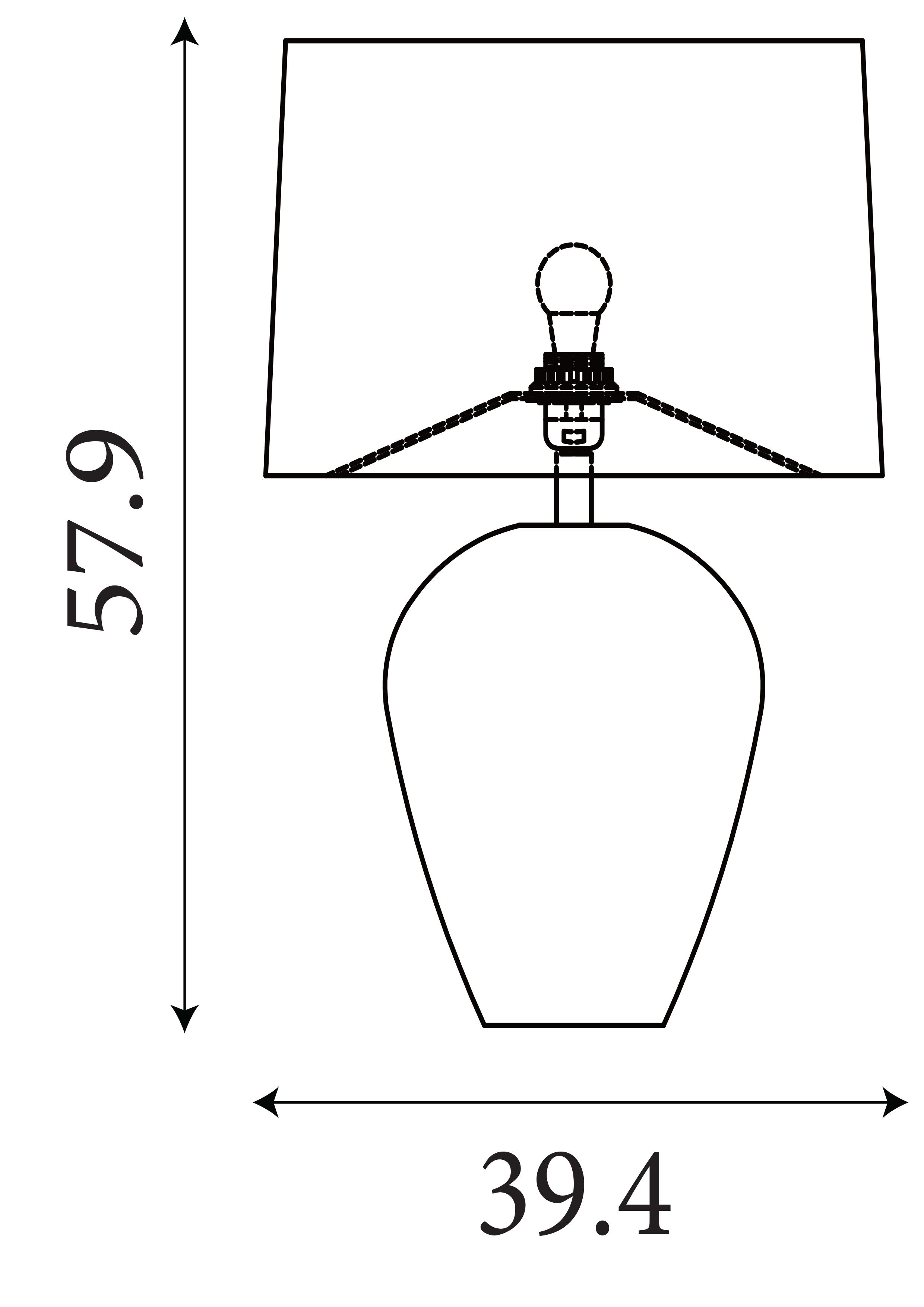 Line drawing showing the Rosetta table lamp's dimensions, 57.9cm high and 39.4cm wide