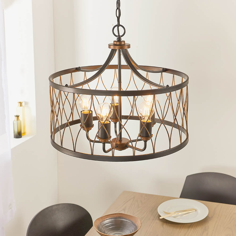 Endon Heston 5 Light Pendant  - Matt Black & Rustic Bronze Paint