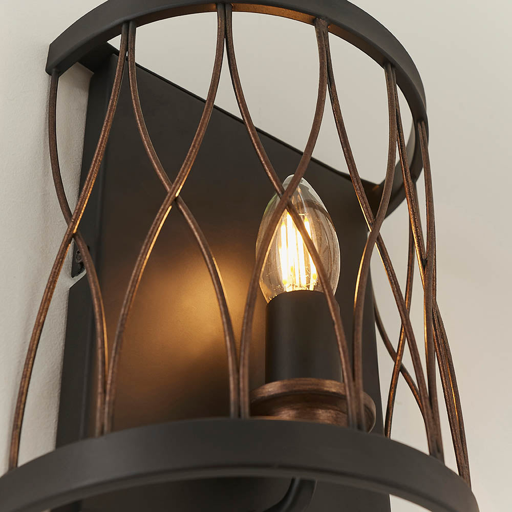Endon Heston Single Light Wall Light  - Matt Black & Rustic Bronze Paint