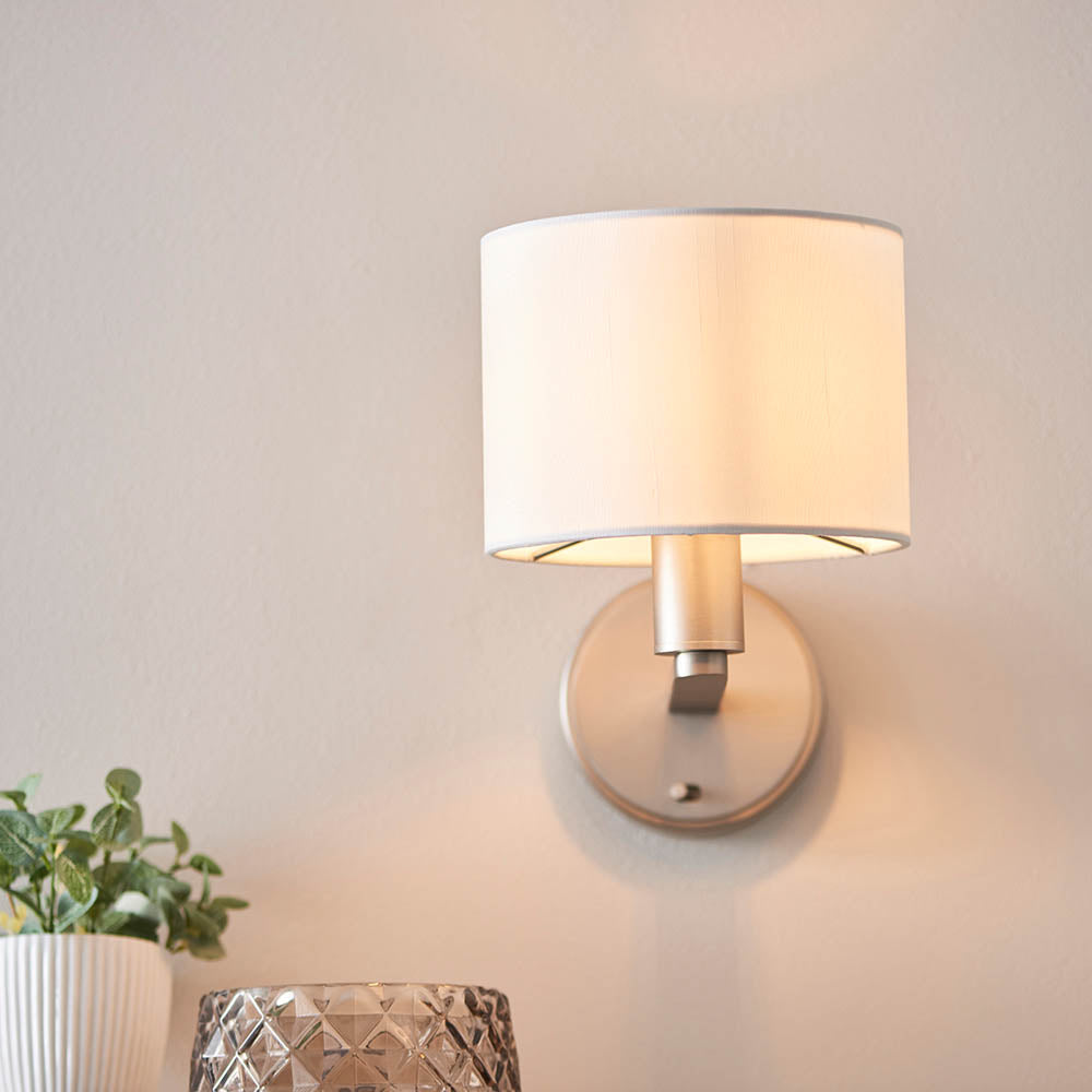 Endon Daley Single Wall Light - Matt Nickel & Vintage White Faux Silk