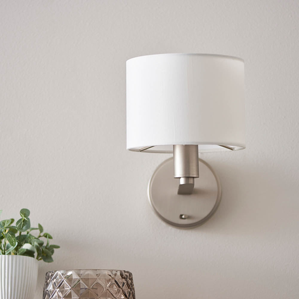 Endon Daley Single Wall Light - Matt Nickel & Vintage White Faux Silk