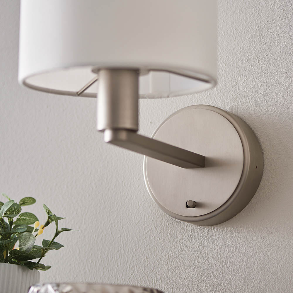Endon Daley Single Wall Light - Matt Nickel & Vintage White Faux Silk