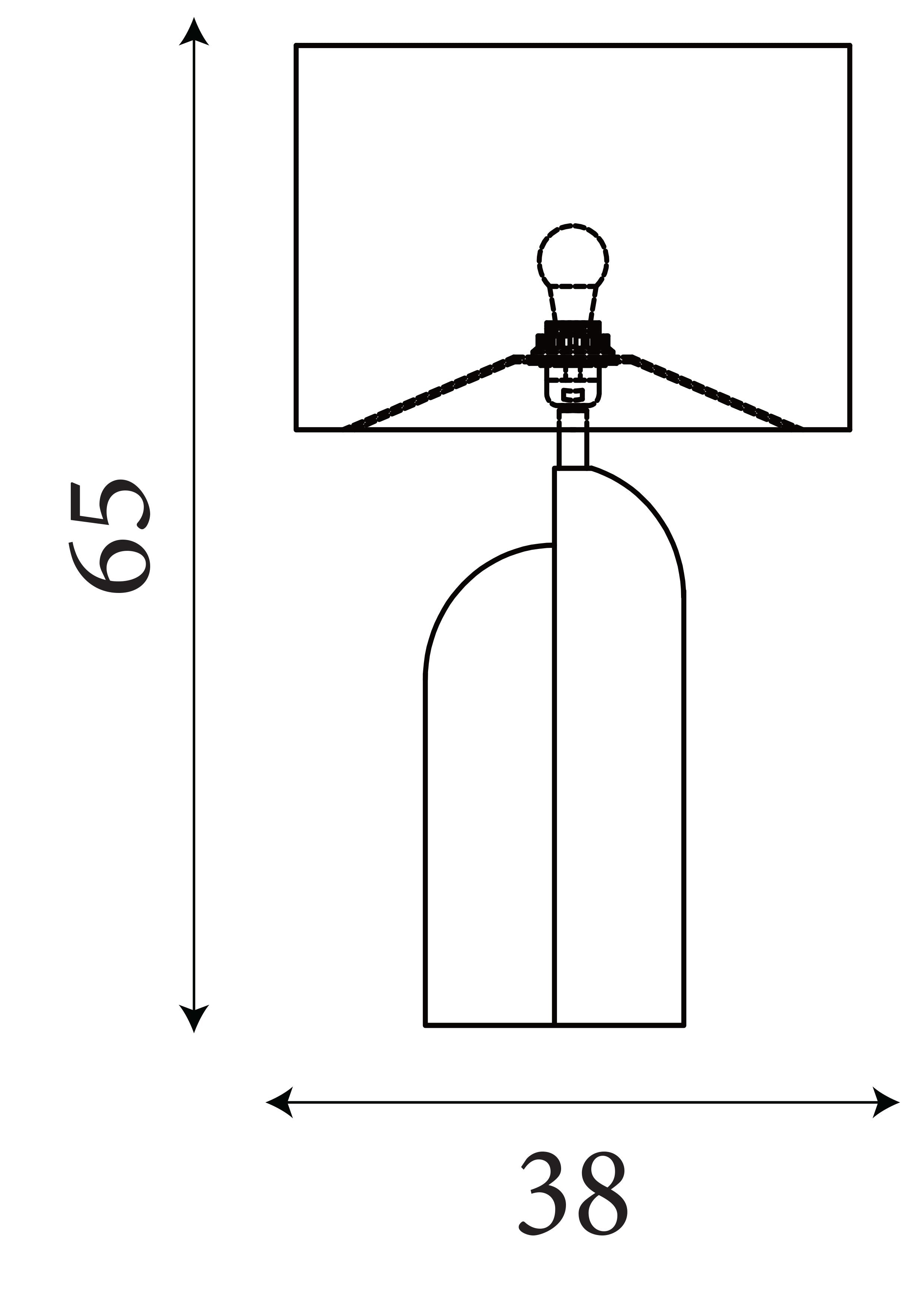 Technical dimension drawing of the Searchlight Perth table lamp showing a total height of 65cm and a base width of 38cm