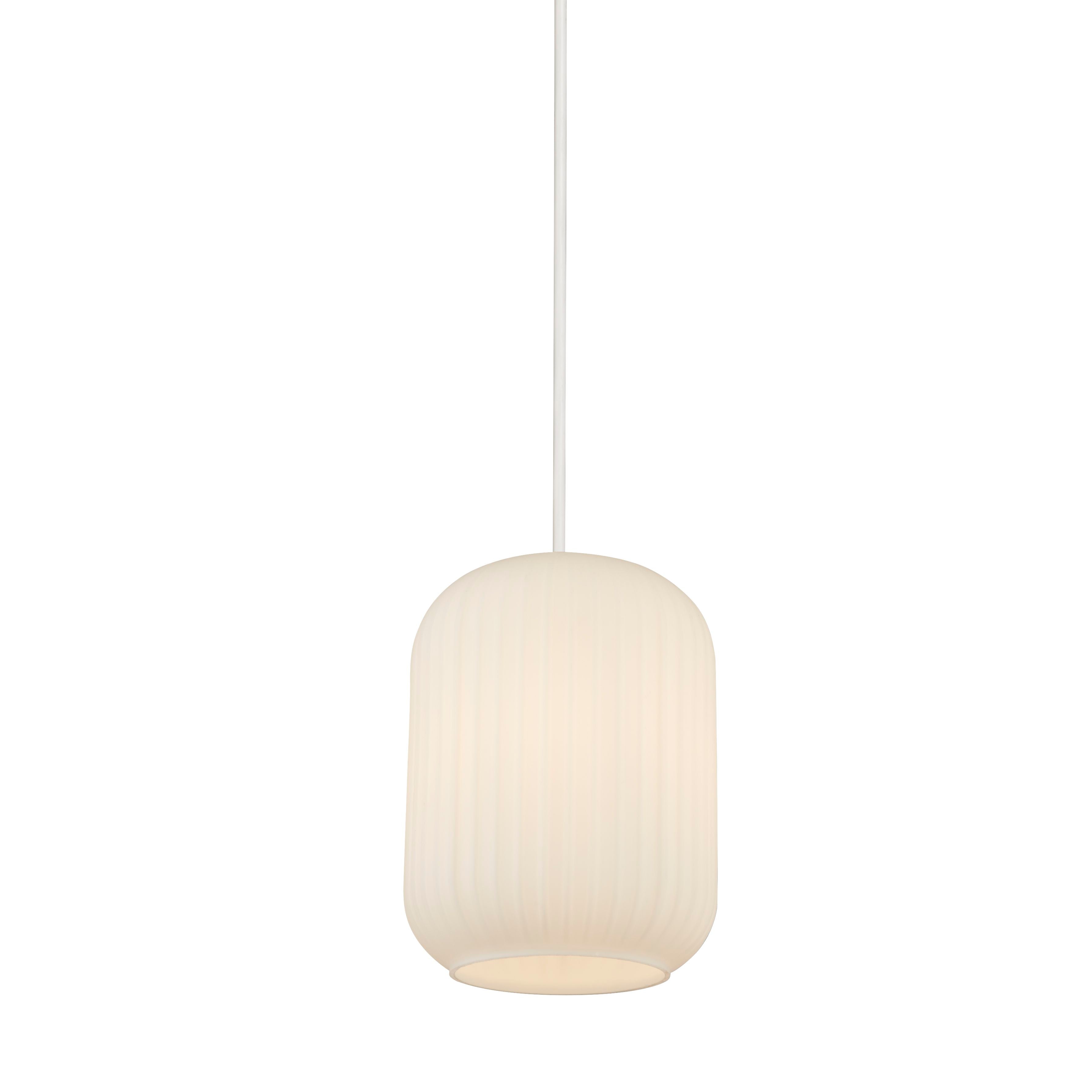 Searchlight Pearl pendant light in frosted white ribbed glass on a white cord, studio shot on a white background