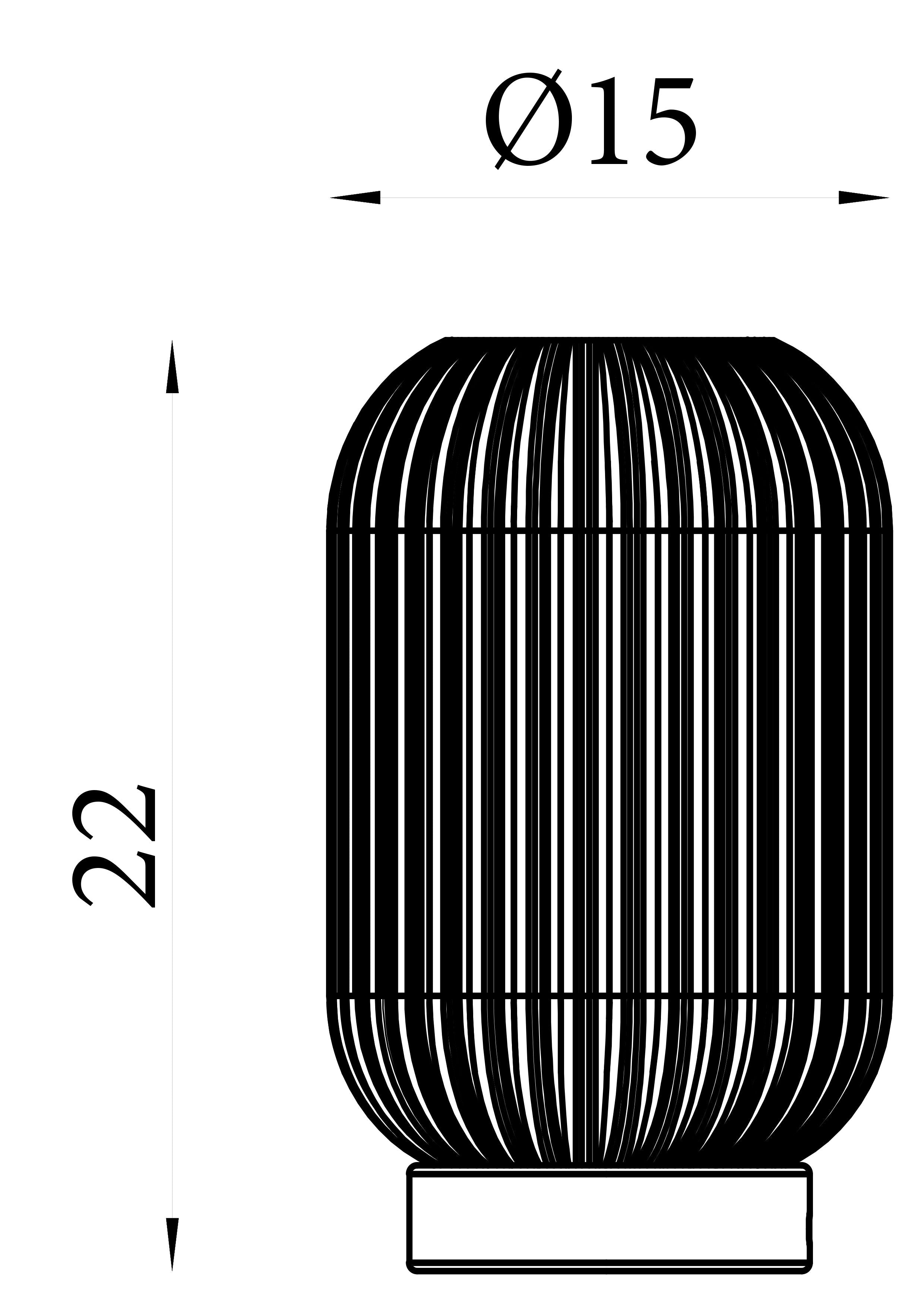 Technical line drawing of the Searchlight Pearl table lamp showing a 15cm diameter and 22cm height