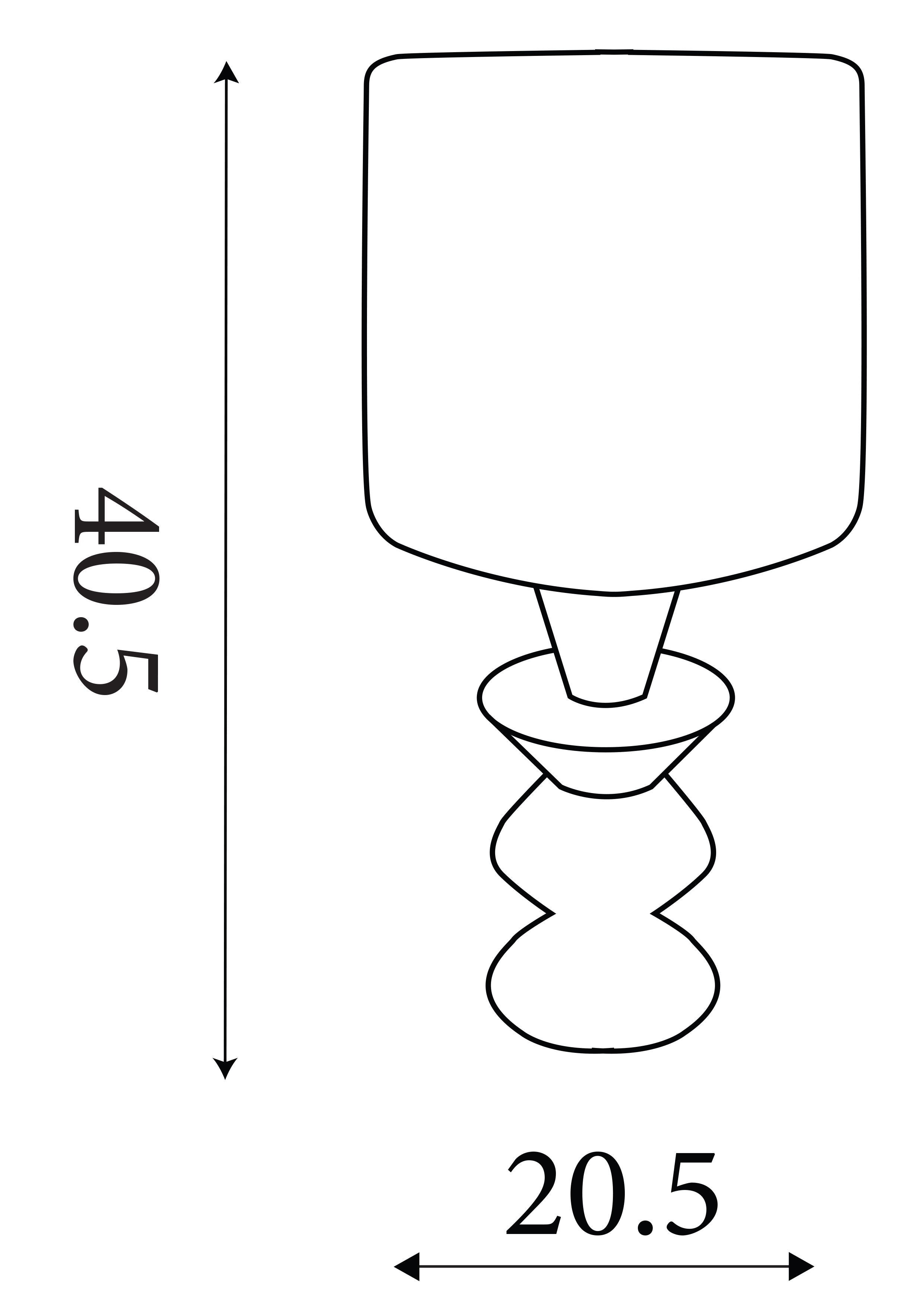 Technical line drawing of the Malacca table lamp showing height 40.5cm and width 20.5cm