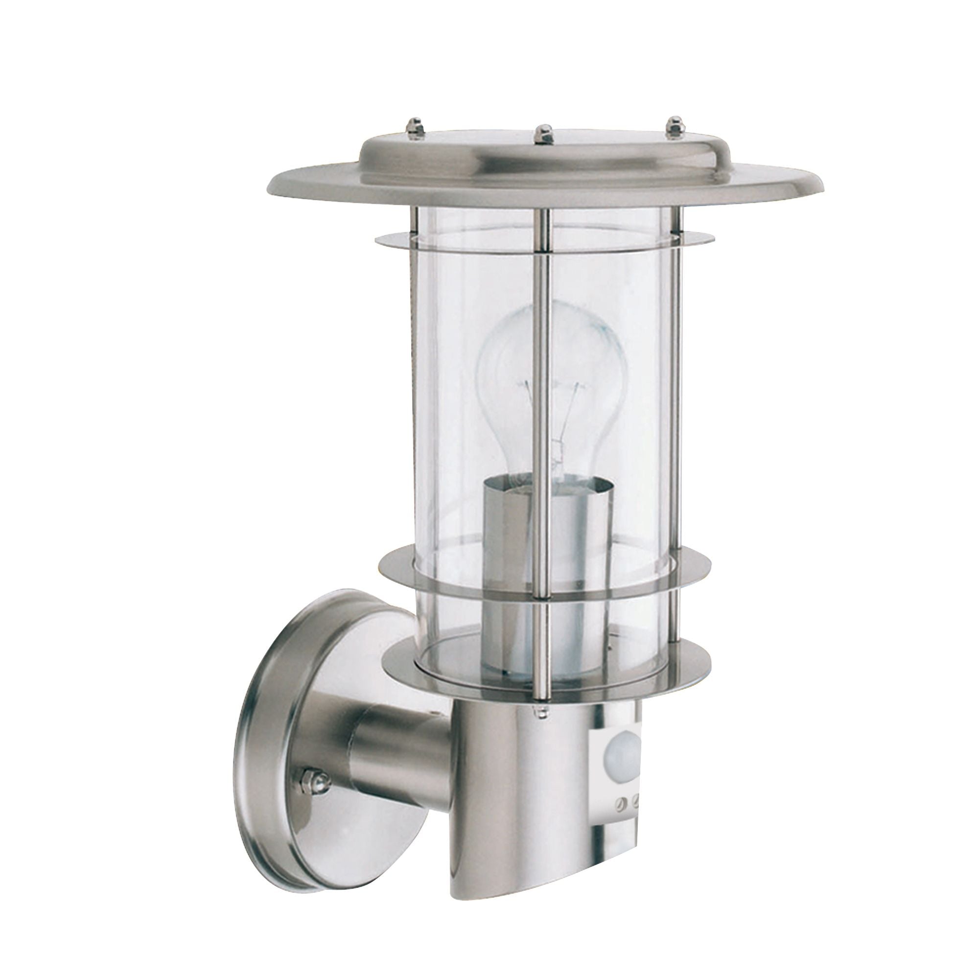 Searchlight Edgeware stainless steel outdoor wall light with PIR sensor and clear cylindrical shade, lit bulb visible, on a white background