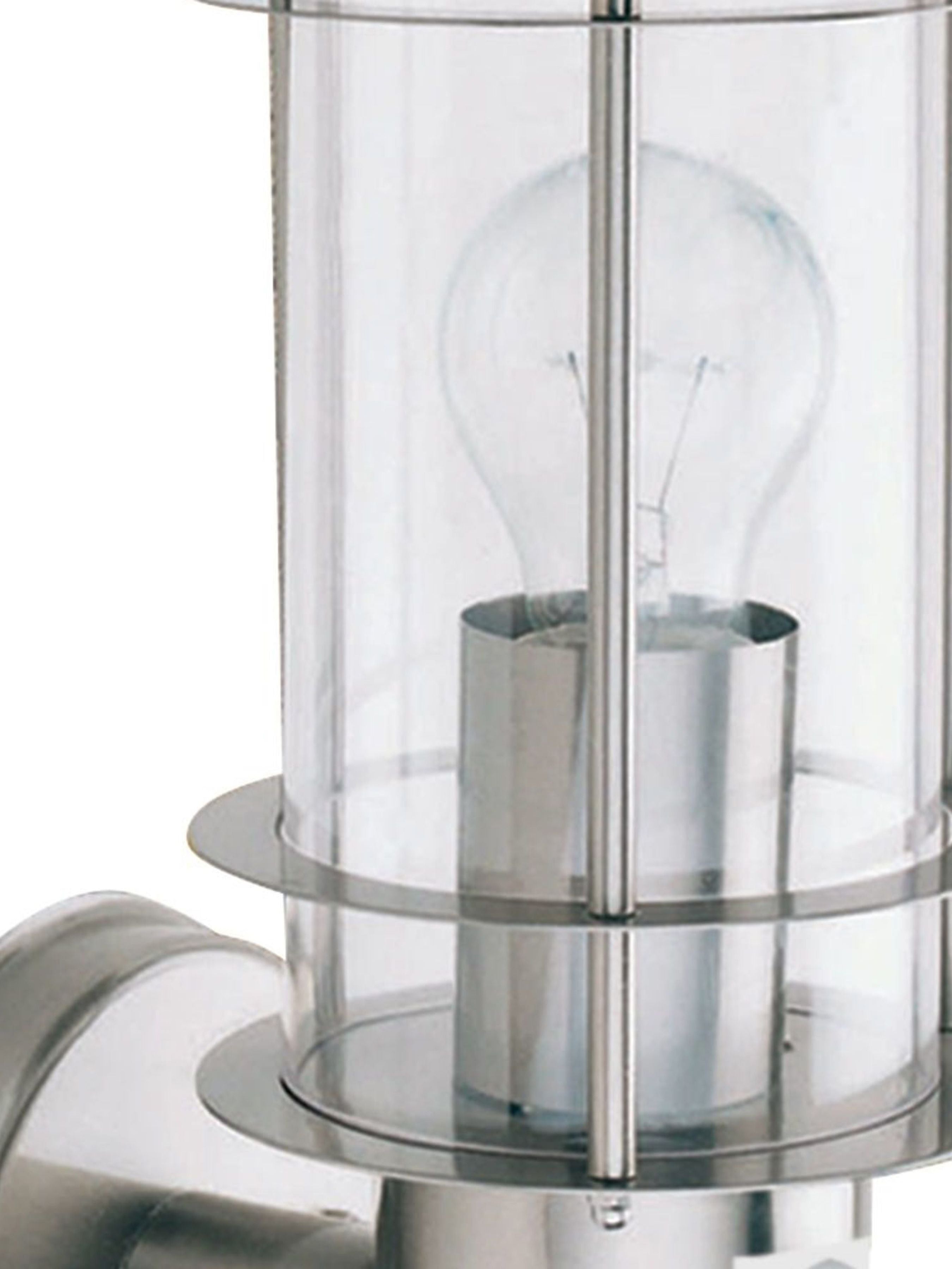 Close up of the Edgeware wall light's clear cylindrical shade and bulb holder