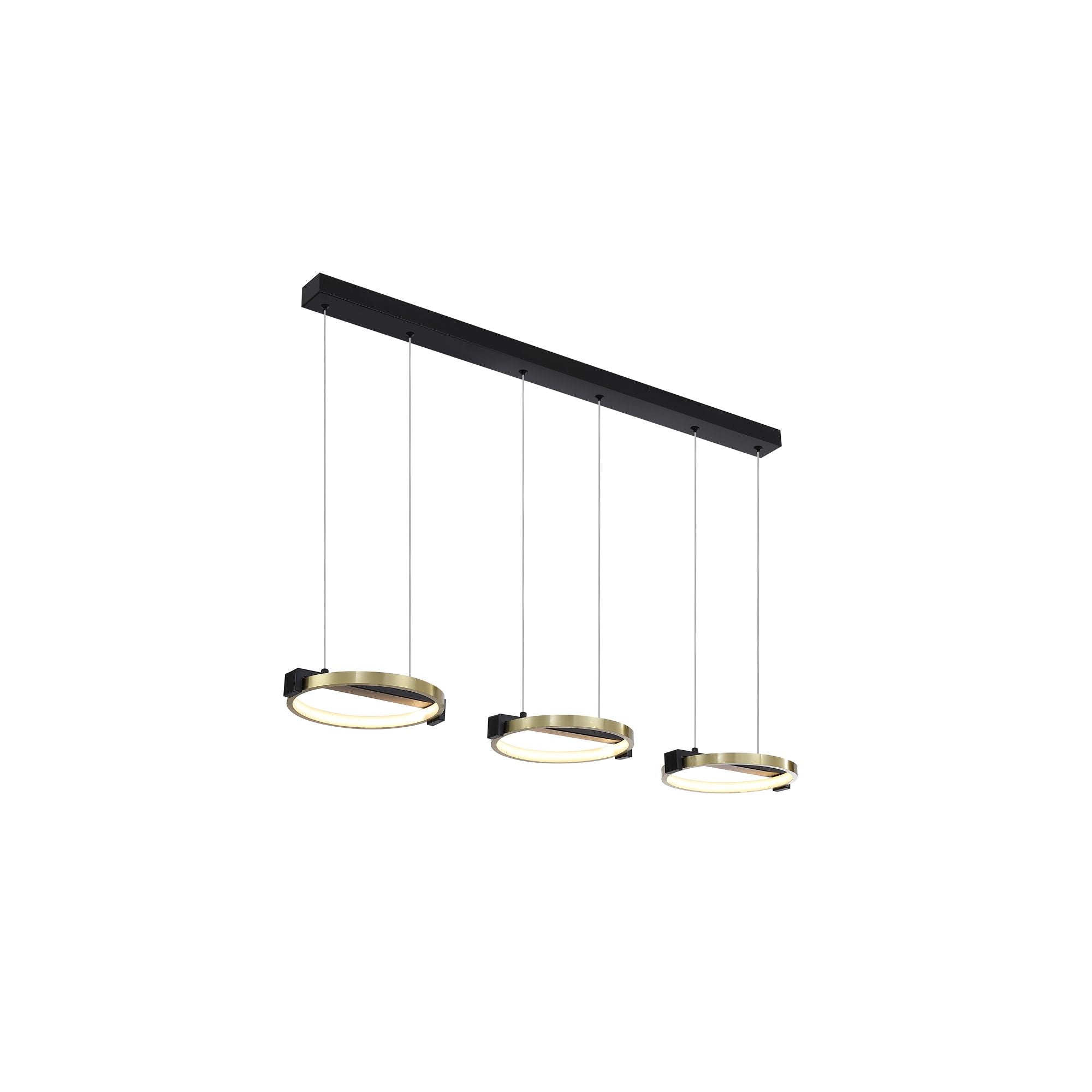 Searchlight Aerial 3 Light LED Bar Pendant in gold and black, studio shot of all three rings hanging from the ceiling bar, lit warm white