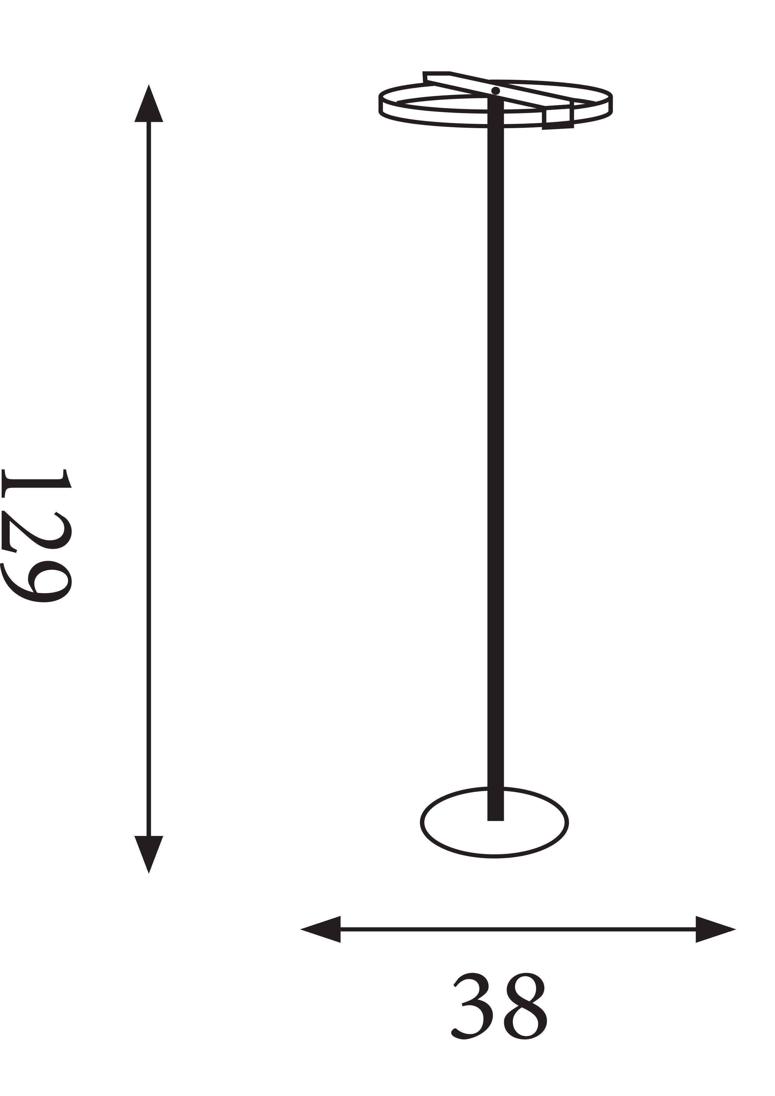 Line drawing of the Searchlight Aerial LED Floor Lamp showing dimensions, 129cm height and 38cm base width