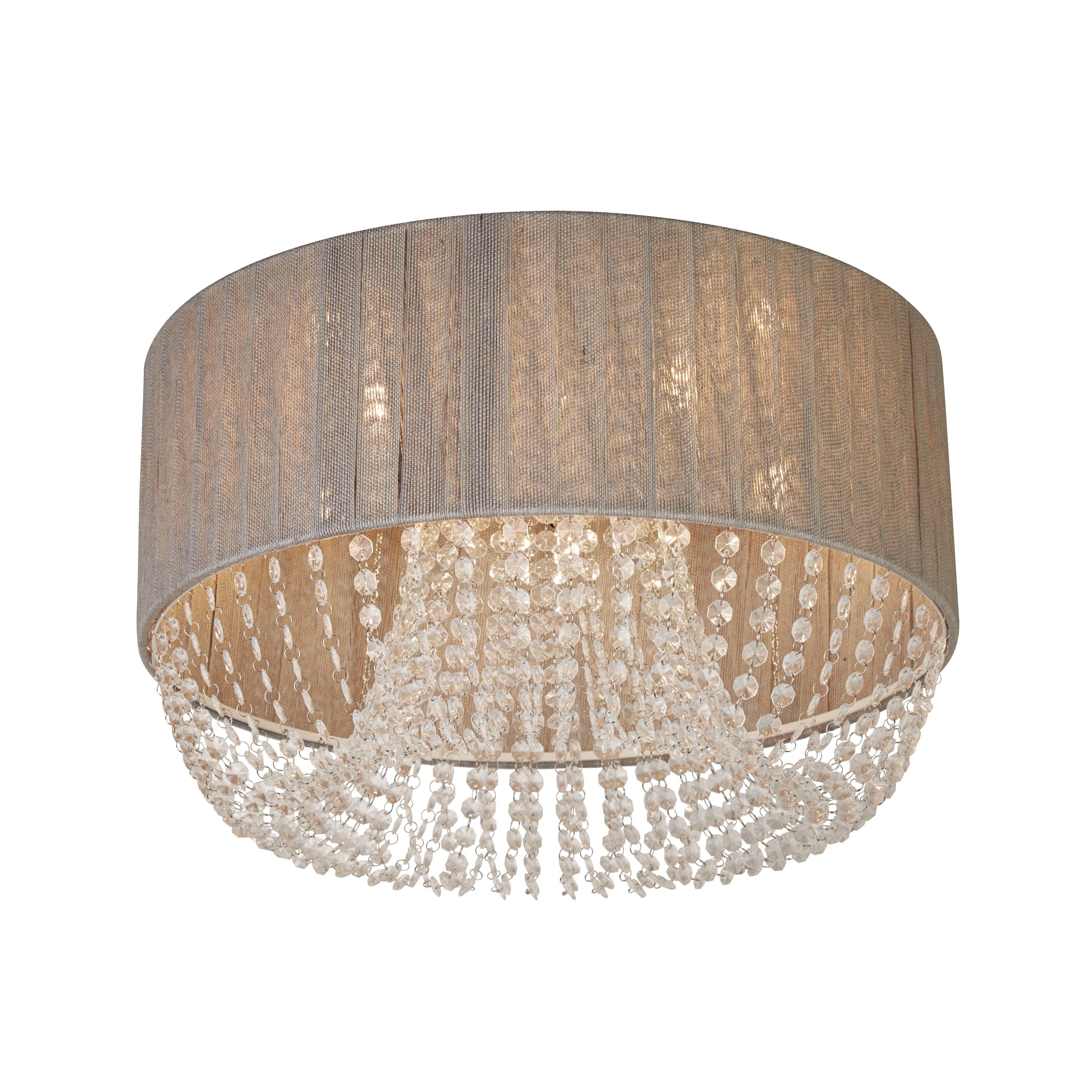Searchlight Bellano 5 light flush ceiling light in chrome with a grey fabric drum shade and cascading clear acrylic droplets, studio shot