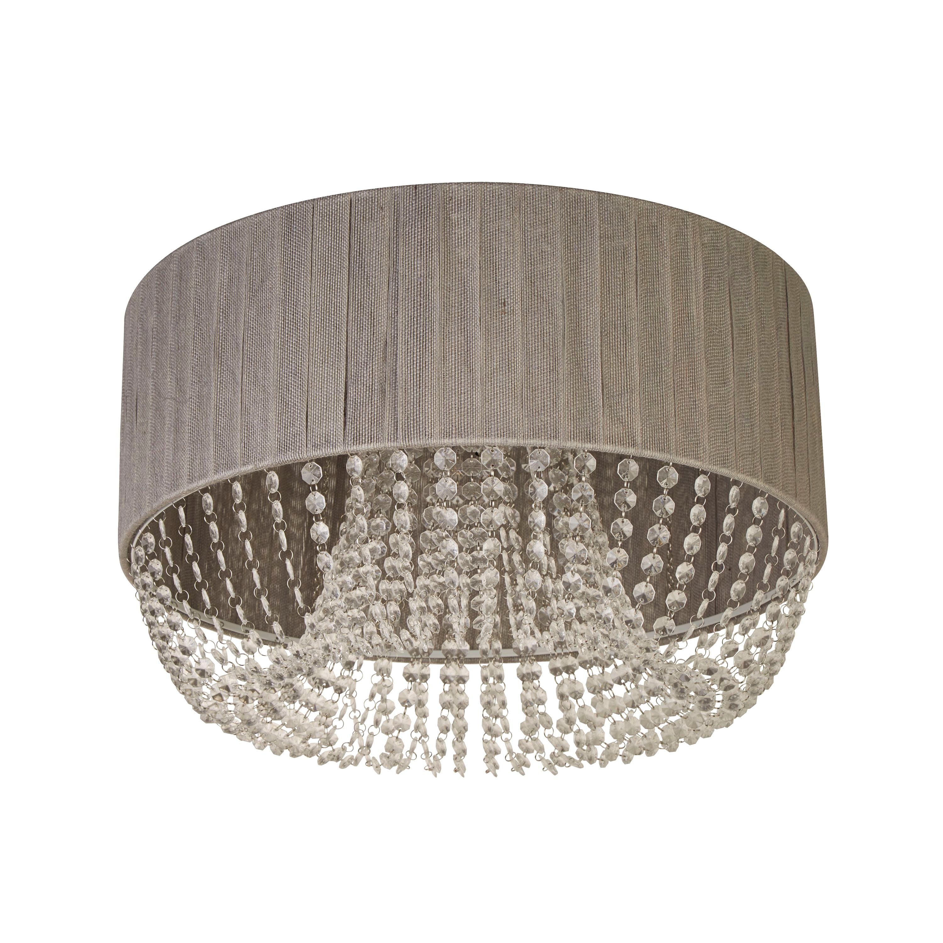 Searchlight Bellano 5 light flush ceiling light in chrome with a grey fabric drum shade, front on studio shot with the acrylic fringe lit up