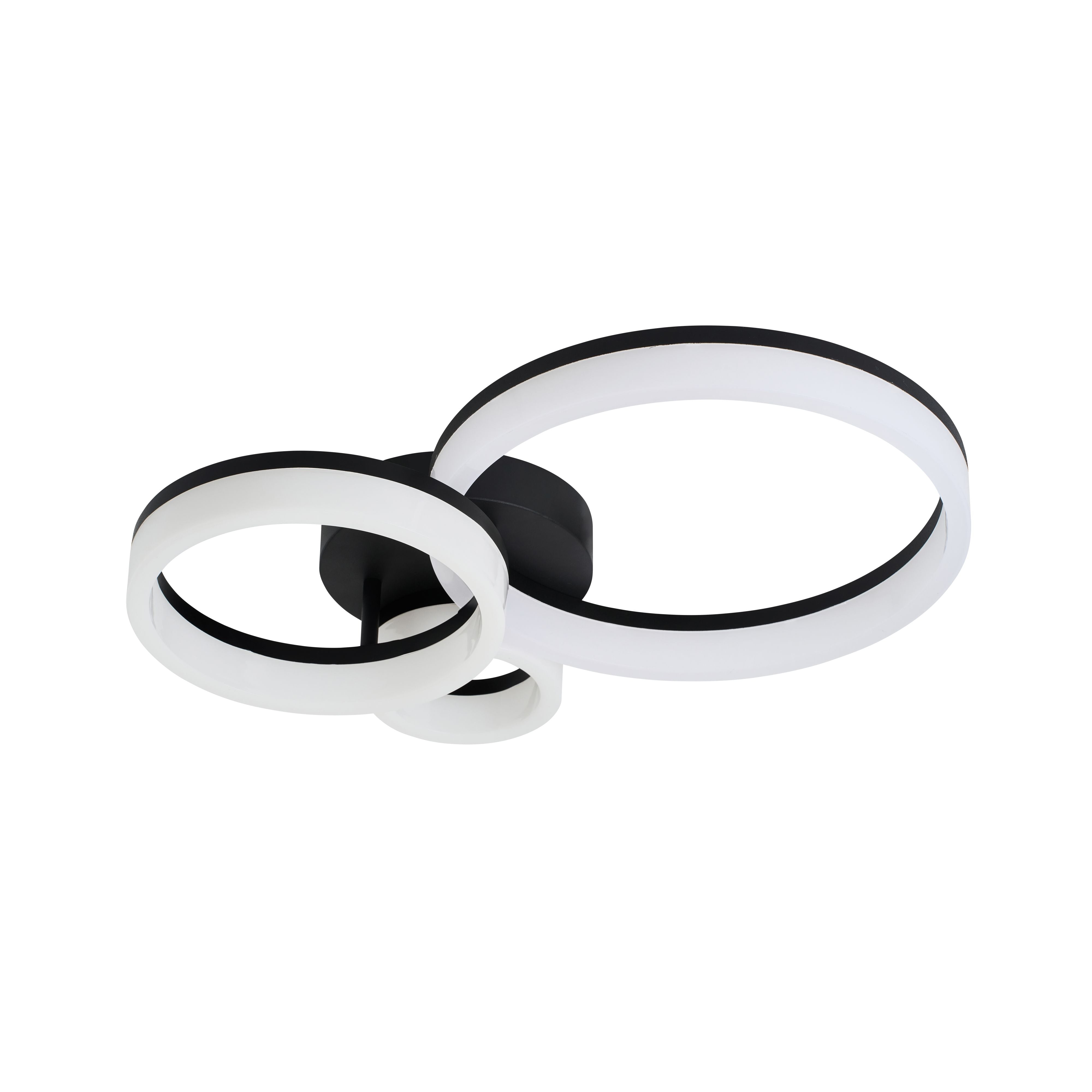 Searchlight Triple LED Flush ceiling light in matt black, angled view showing the black frame edges of the three overlapping rings on a plain white background