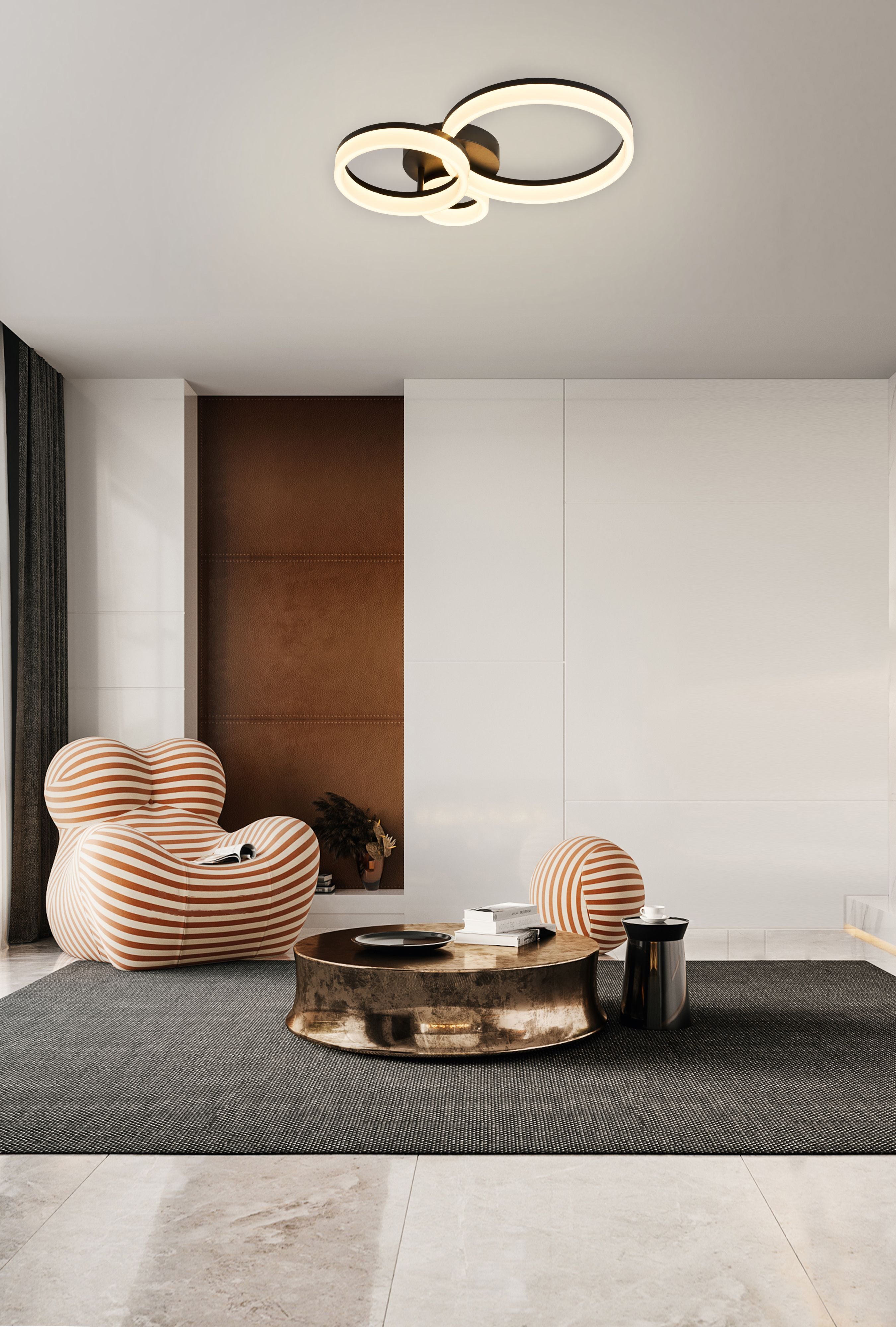 Searchlight Triple LED Flush ceiling light in matt black, styled above a striped armchair and gold coffee table in a modern living room