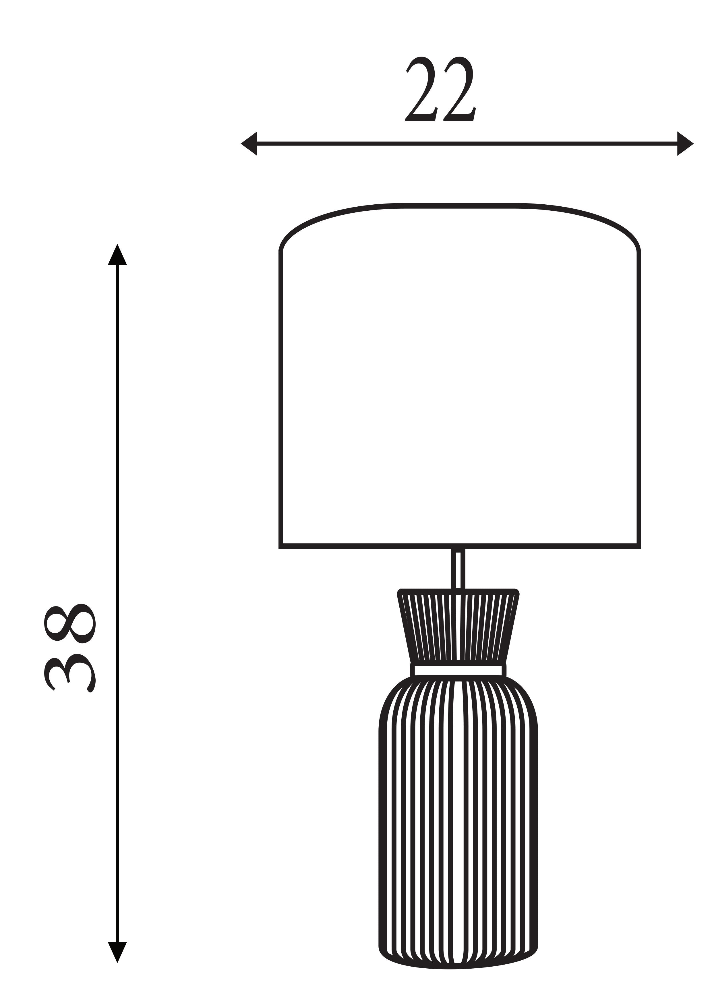 Line drawing of the navy ceramic table lamp showing overall dimensions, 38cm tall by 22cm wide including the shade