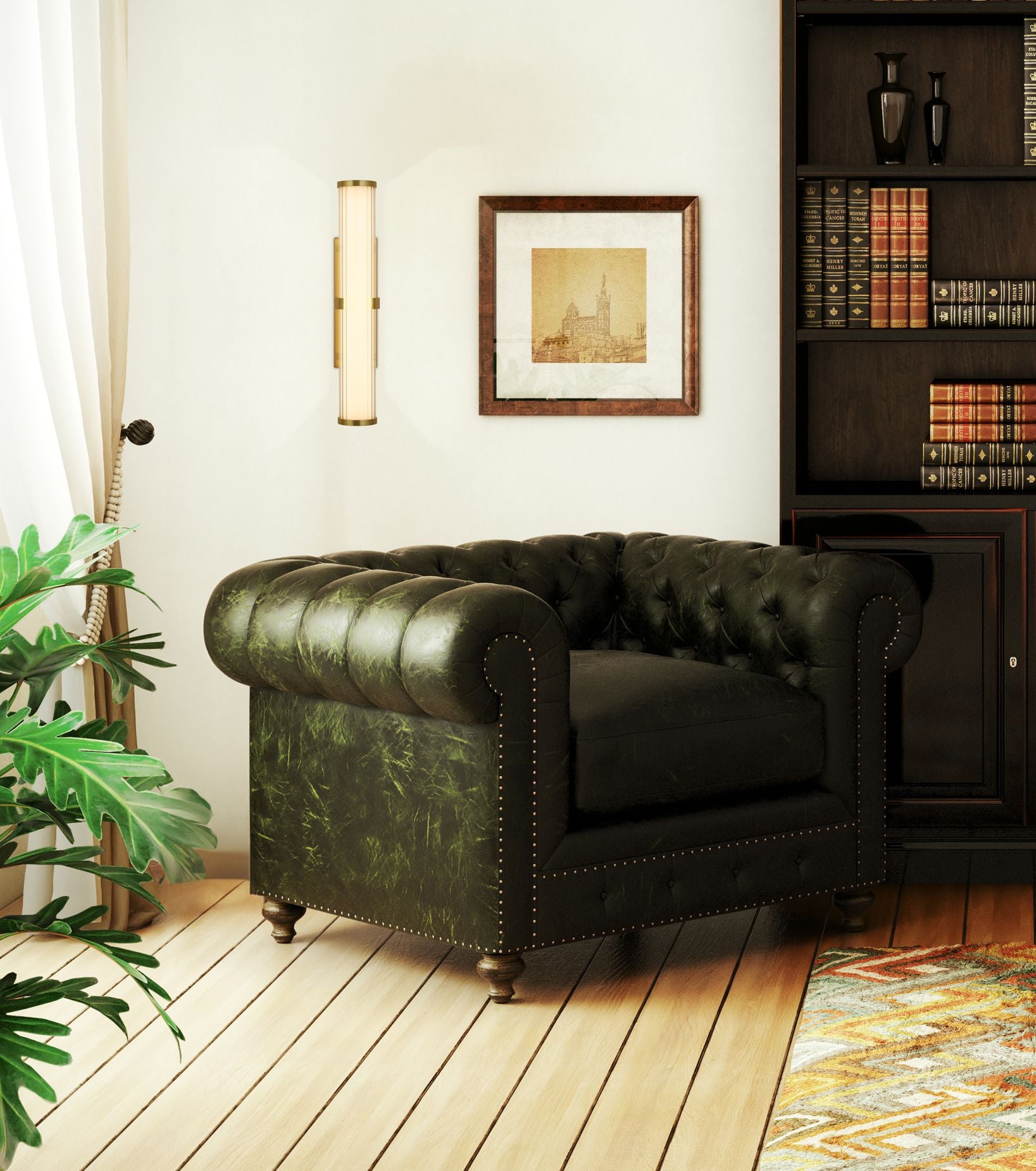 Searchlight Clamp wall light in gold mounted on a living room wall beside a framed print, next to a dark green leather armchair and bookshelf