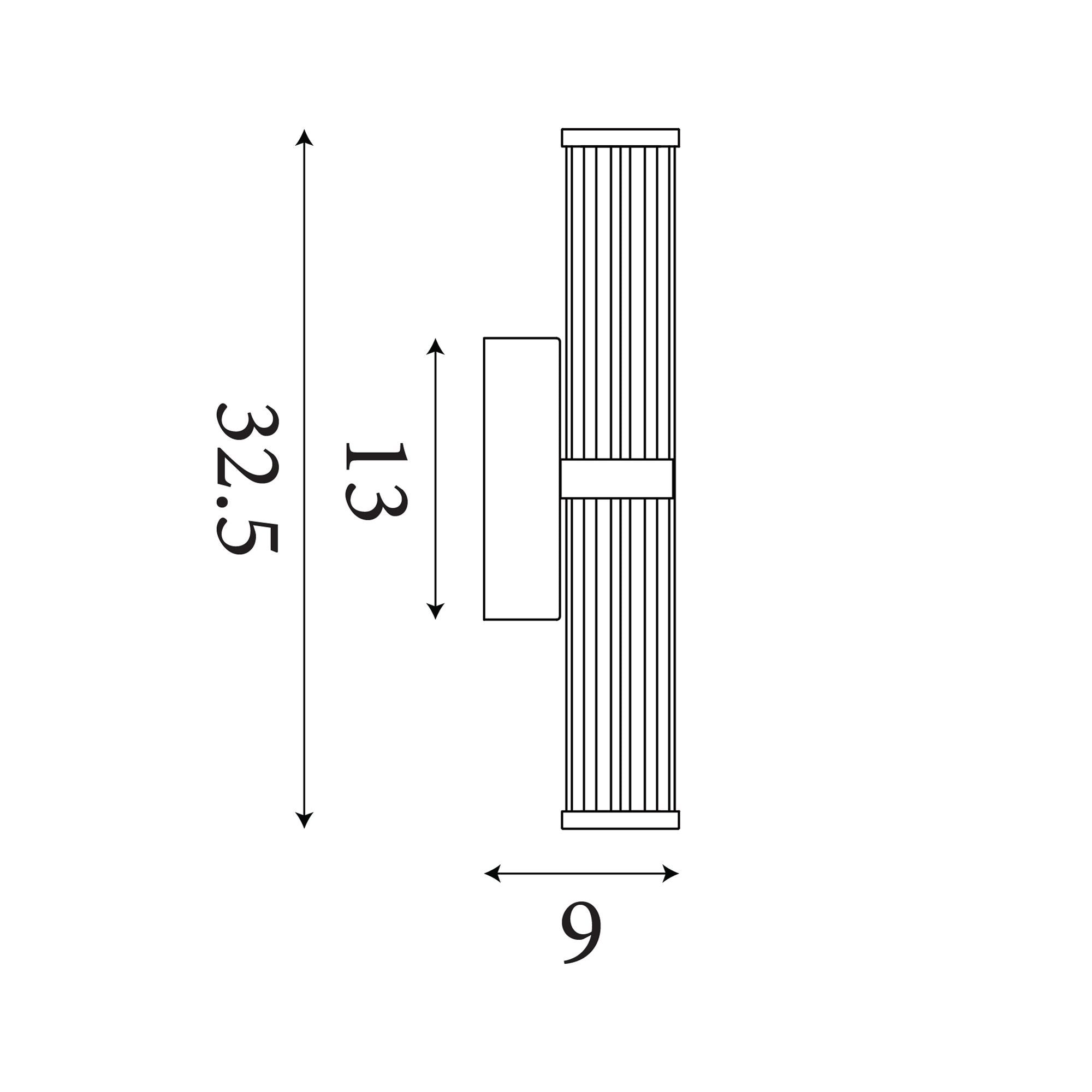 Technical line drawing of the Searchlight Clamp wall light in gold showing 32.5cm height, 13cm bracket height and 9cm projection