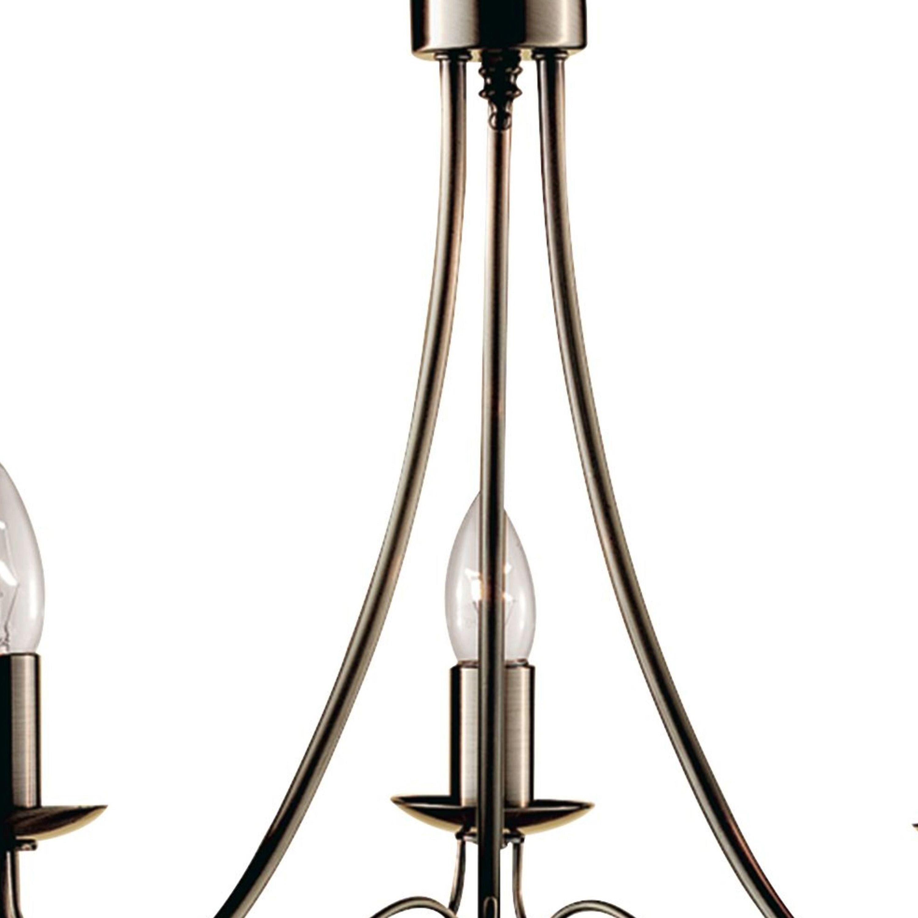 Close up of the Maypole 3 light pendant showing the central column and one candle style E14 bulb holder with drip pan detail
