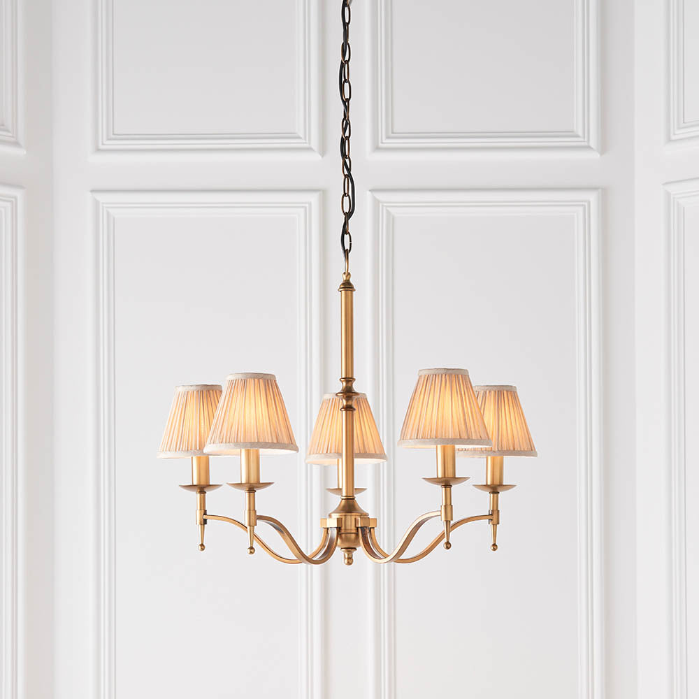 Interiors 1900 Stanford 5 Light Pendant - Antique Brass & Beige Organza Shades