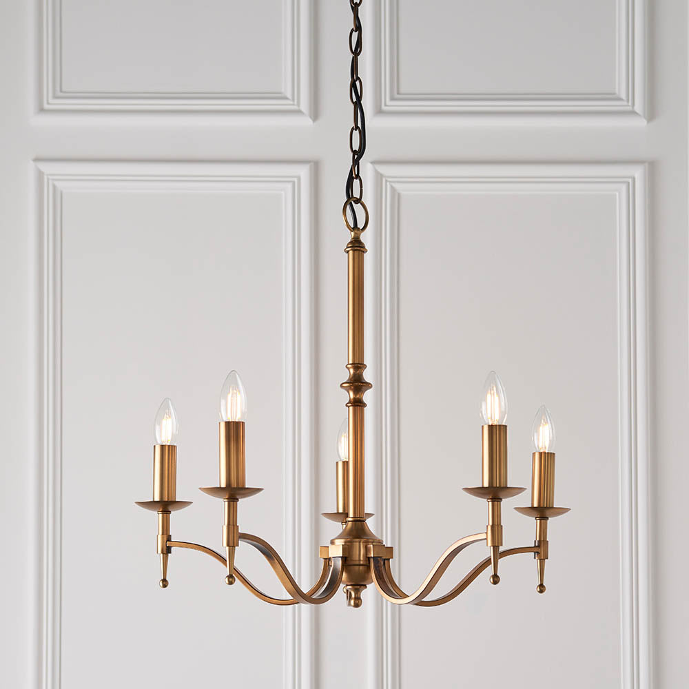 Interiors 1900 Stanford 5 Light Pendant - Antique Brass & Beige Organza Shades
