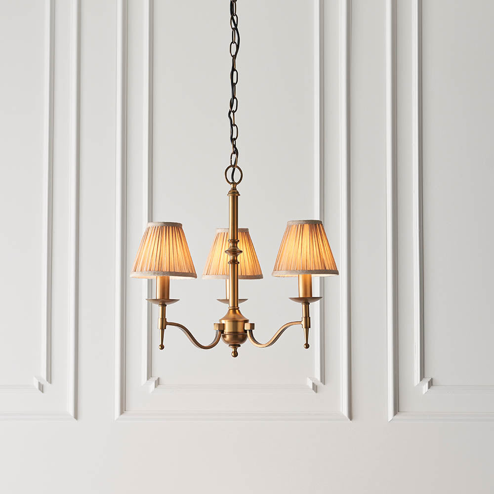 Interiors 1900 Stanford 3 Light Arm Pendant - Antique Brass & Beige Organza Shades