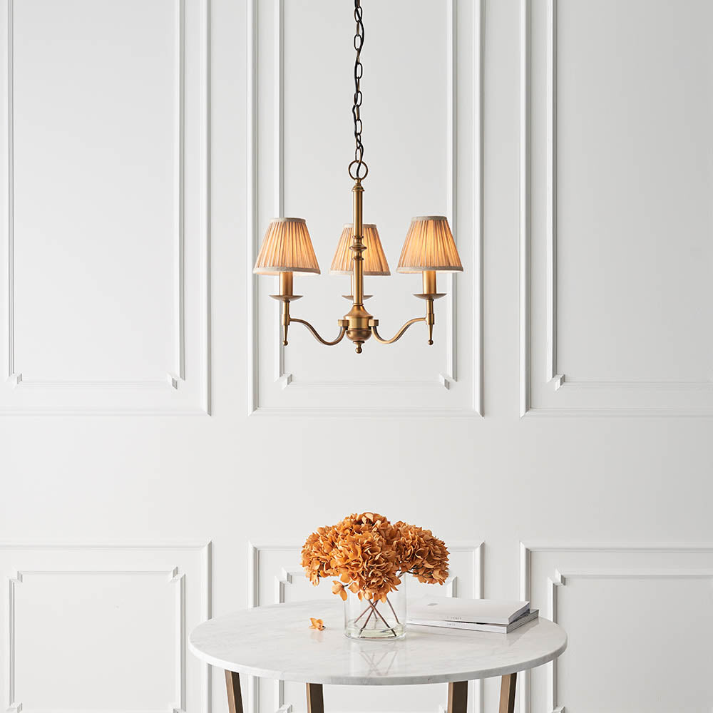 Interiors 1900 Stanford 3 Light Arm Pendant - Antique Brass & Beige Organza Shades
