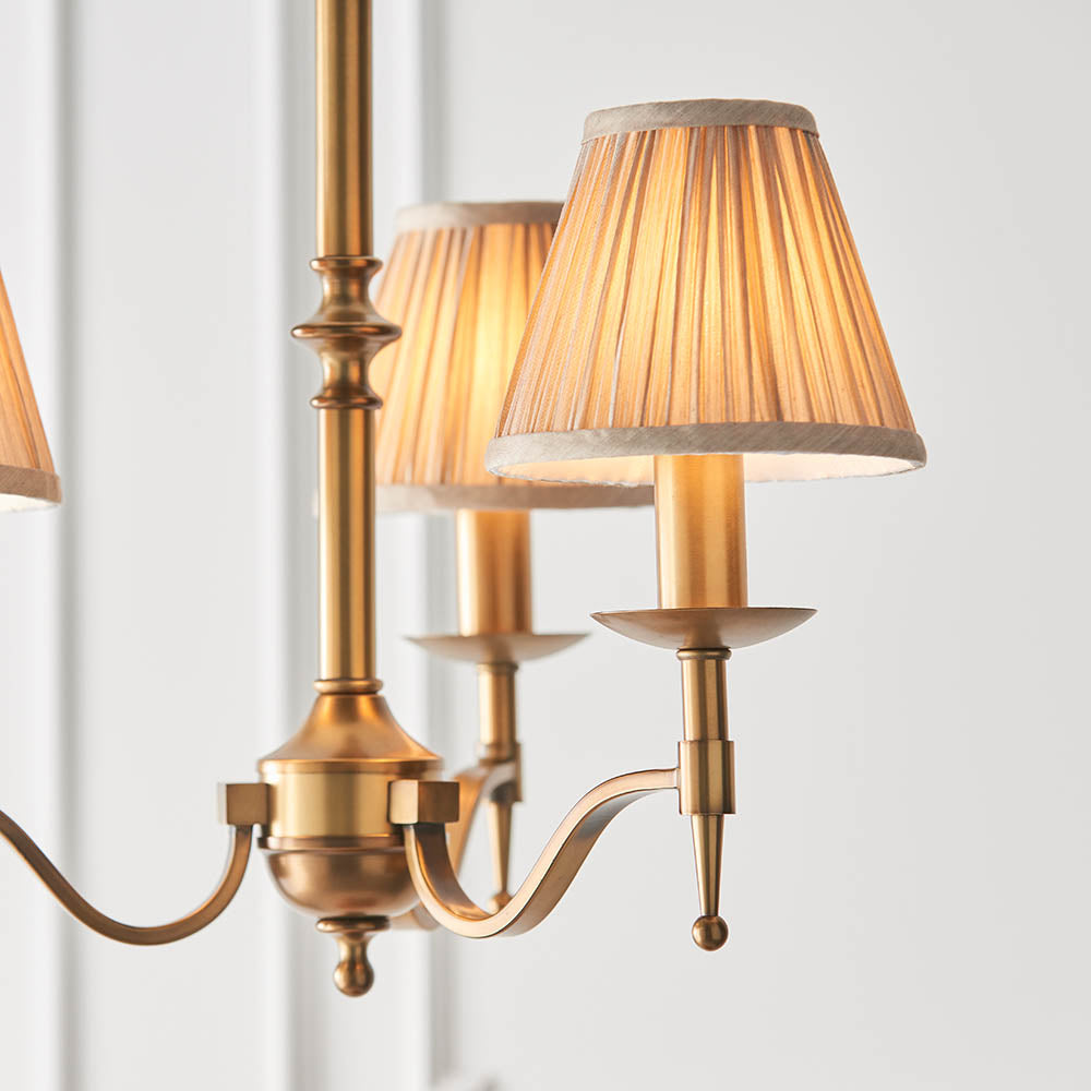 Interiors 1900 Stanford 3 Light Arm Pendant - Antique Brass & Beige Organza Shades