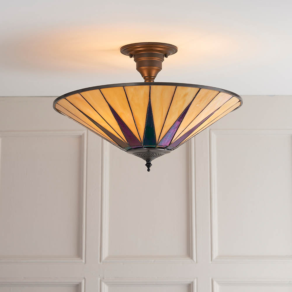 Interiors 1900 Dark Star Large 3 Light Semi-Flush Fitting - Tiffany Glass