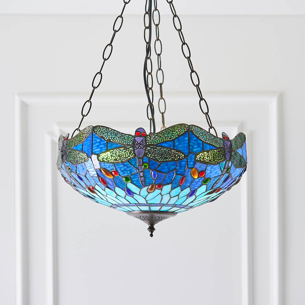 Interiors 1900 Dragonfly Blue Medium Inverted 3 Light Pendant - Tiffany Glass