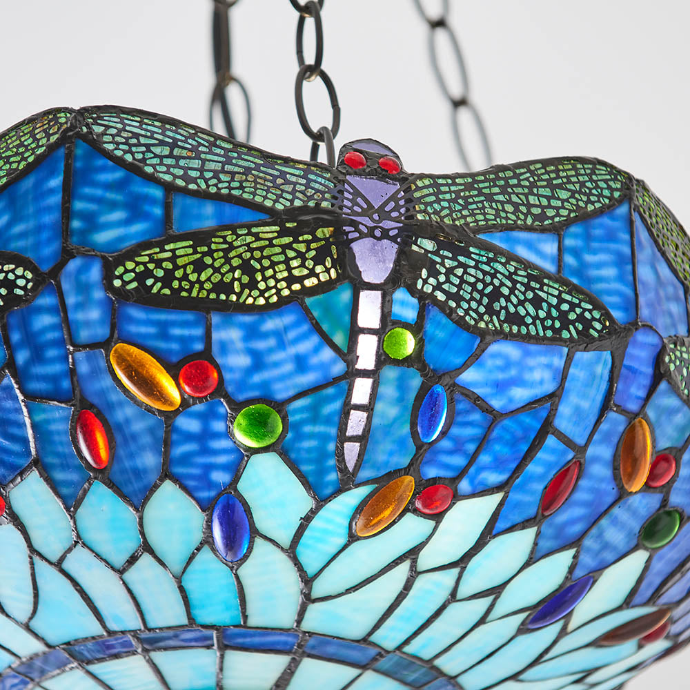 Interiors 1900 Dragonfly Blue Medium Inverted 3 Light Pendant - Tiffany Glass