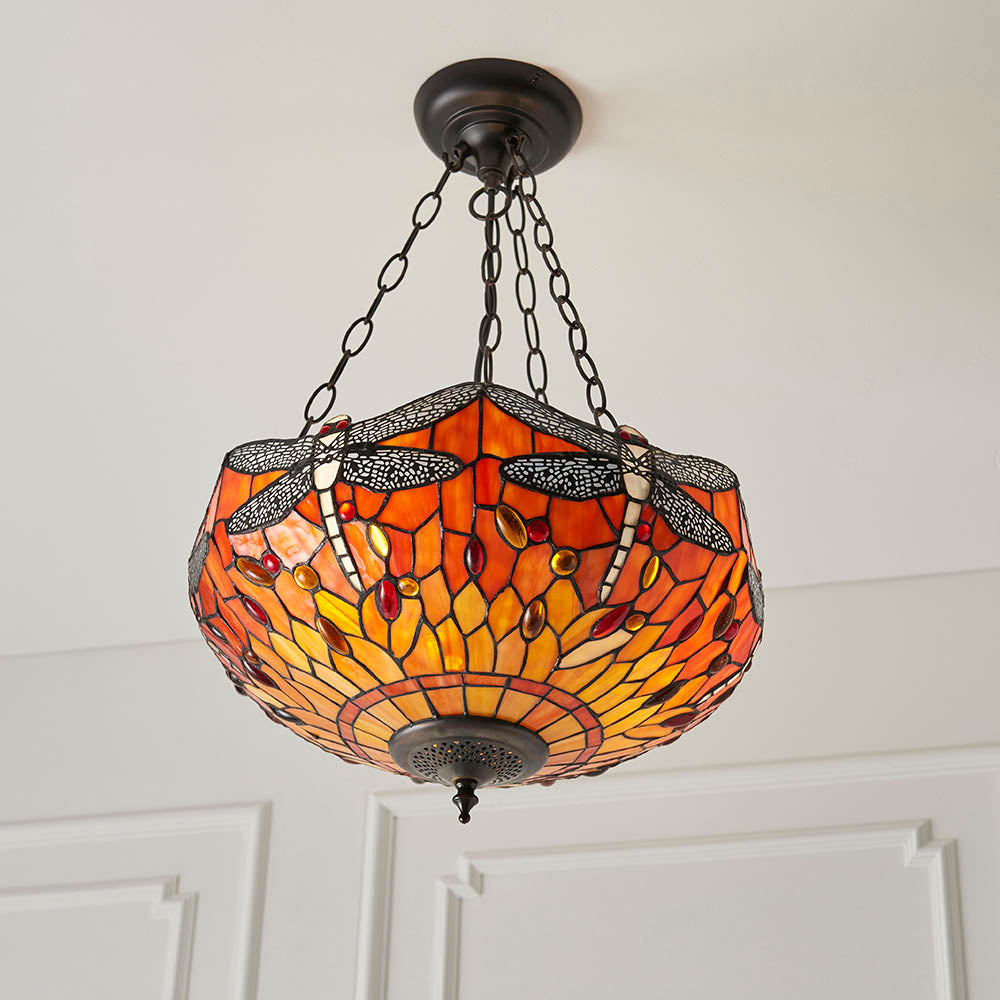 Interiors 1900 Dragonfly Flame Medium Inverted 3 Light Pendant - Handcrafted Tiffany Style Glass