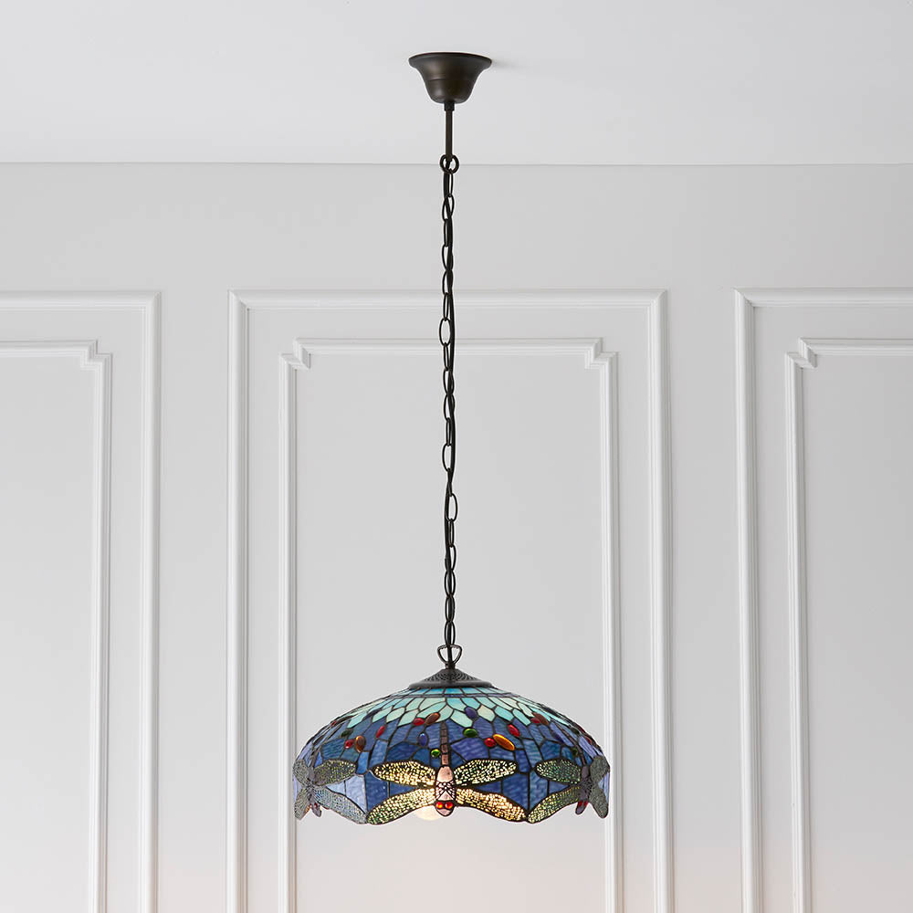 Interiors 1900 Dragonfly Blue Medium 3 Light Pendant - Tiffany Glass