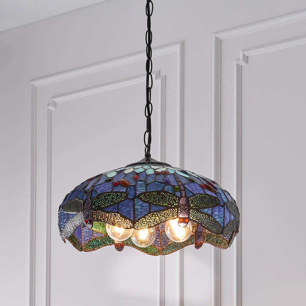 Interiors 1900 Dragonfly Blue Medium 3 Light Pendant - Tiffany Glass