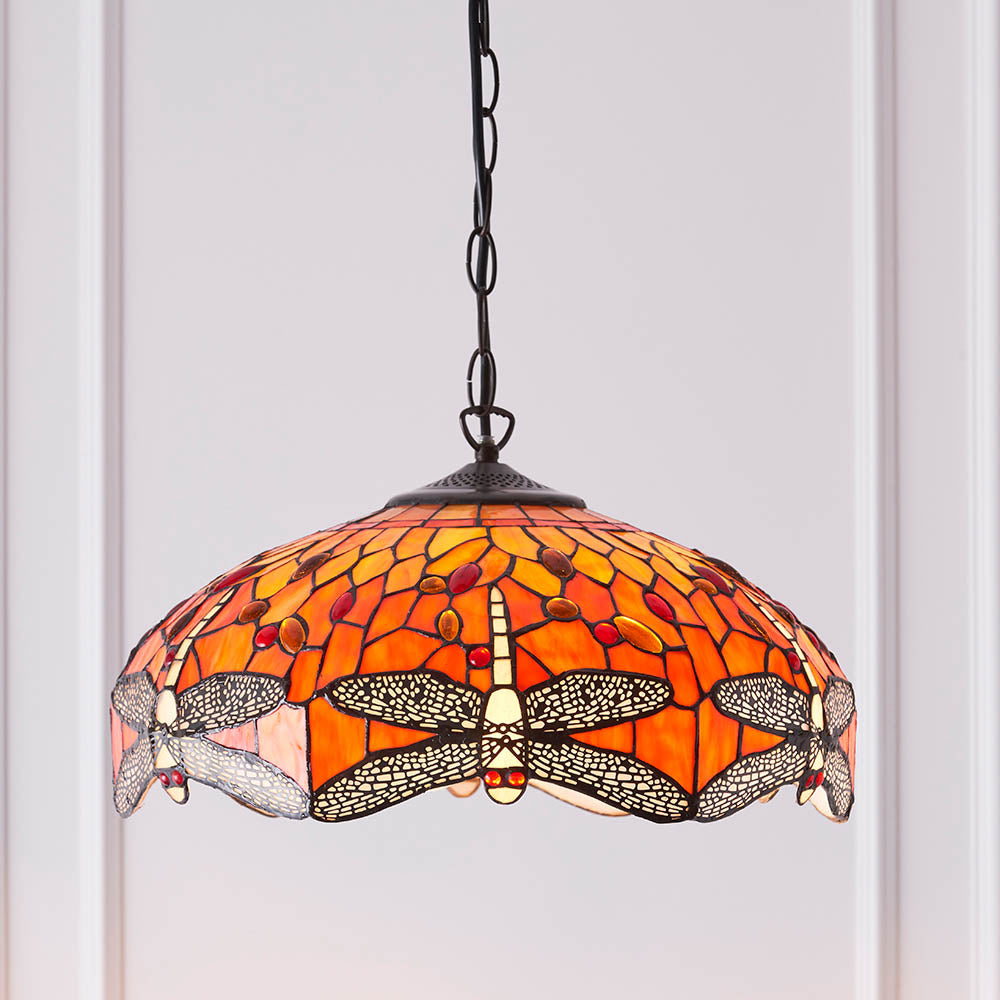 Interiors 1900 Dragonfly Flame Medium 3 Light Pendant - Handcrafted Tiffany Style Glass