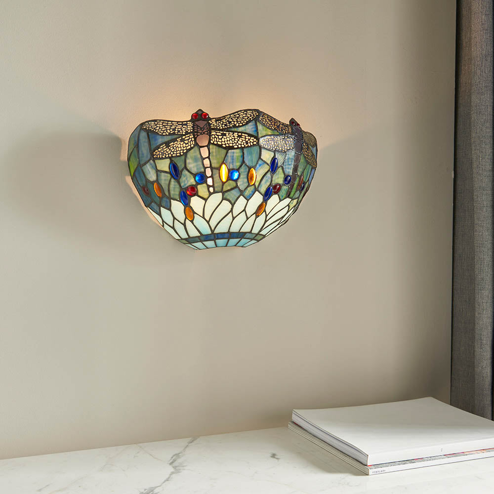Interiors 1900 Dragonfly Blue Single Wall Fitting - Tiffany Glass