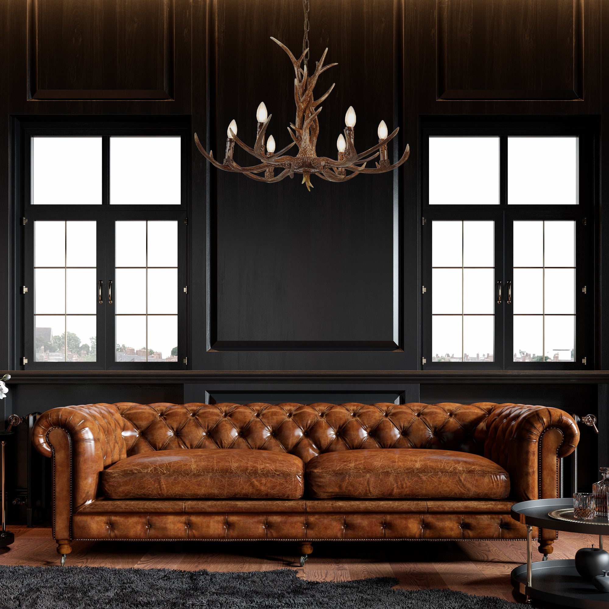 Searchlight Abercromby 6 Light Stag Ceiling Fitting - Rustic Brown Resin Finish