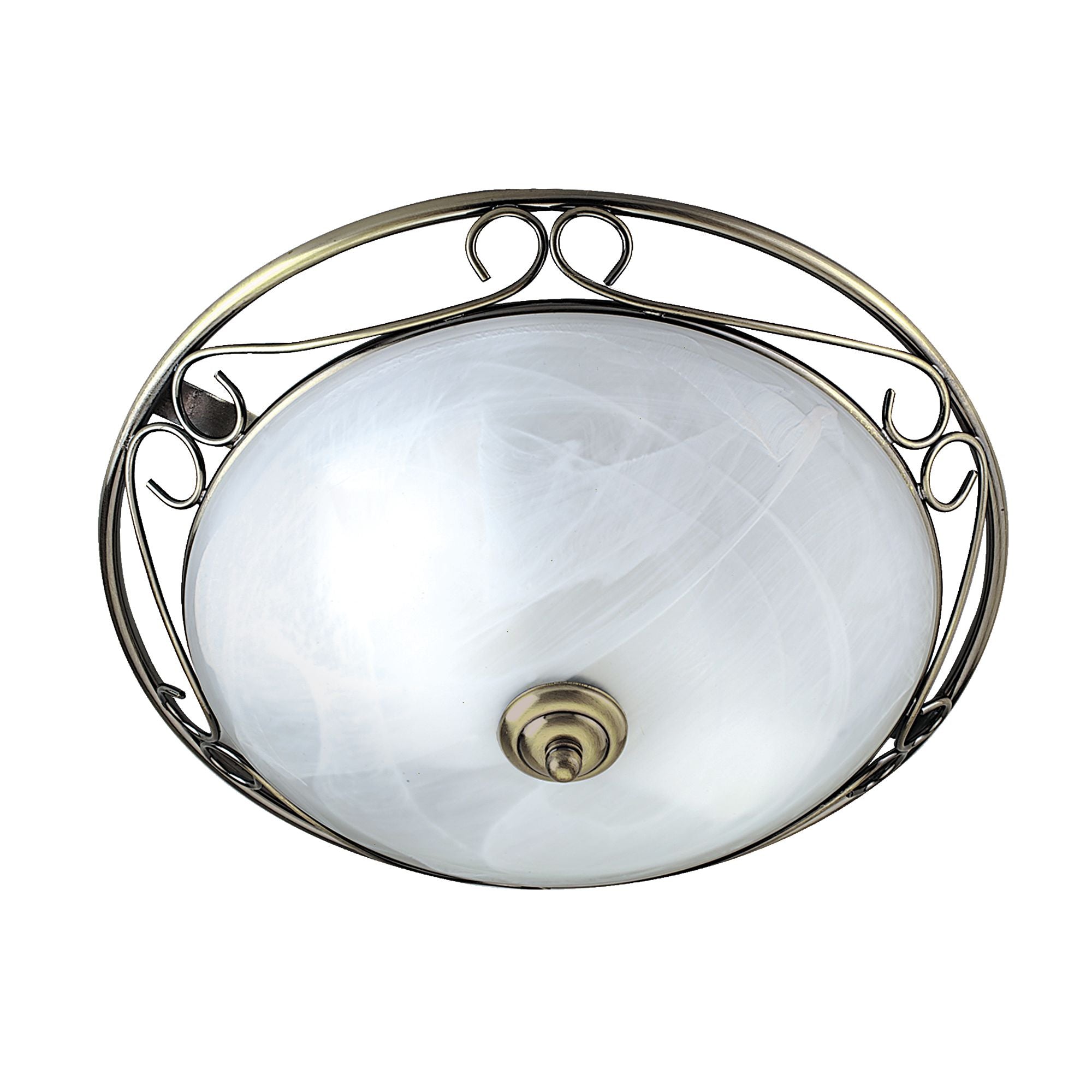 Searchlight Weybridge flush ceiling light in antique brass with alabaster glass, alternate studio view of the scrollwork frame and marbled glass shade