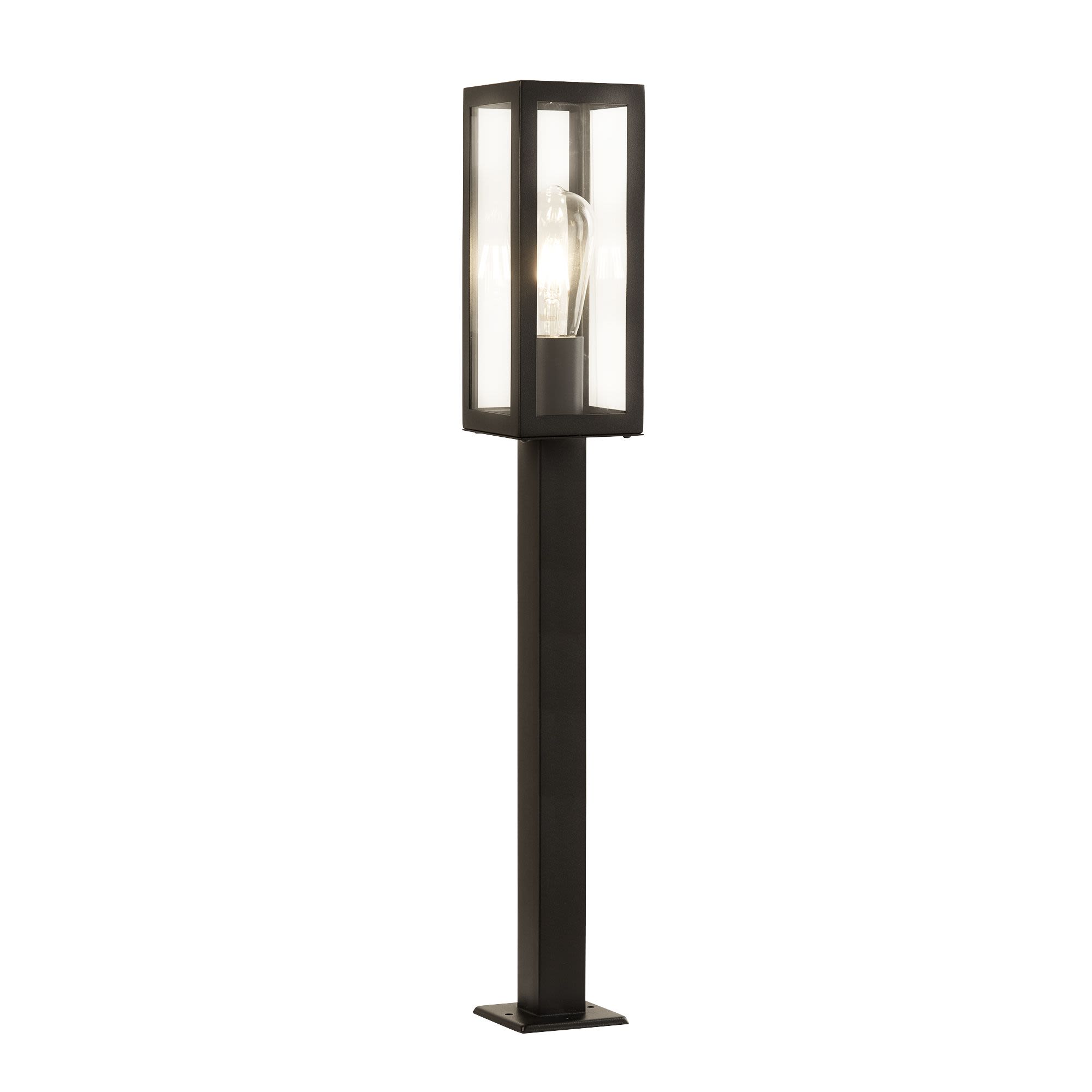 Searchlight Box outdoor post light in black with clear glass panels, full length studio shot showing the glazed head with exposed lit bulb and slim square post